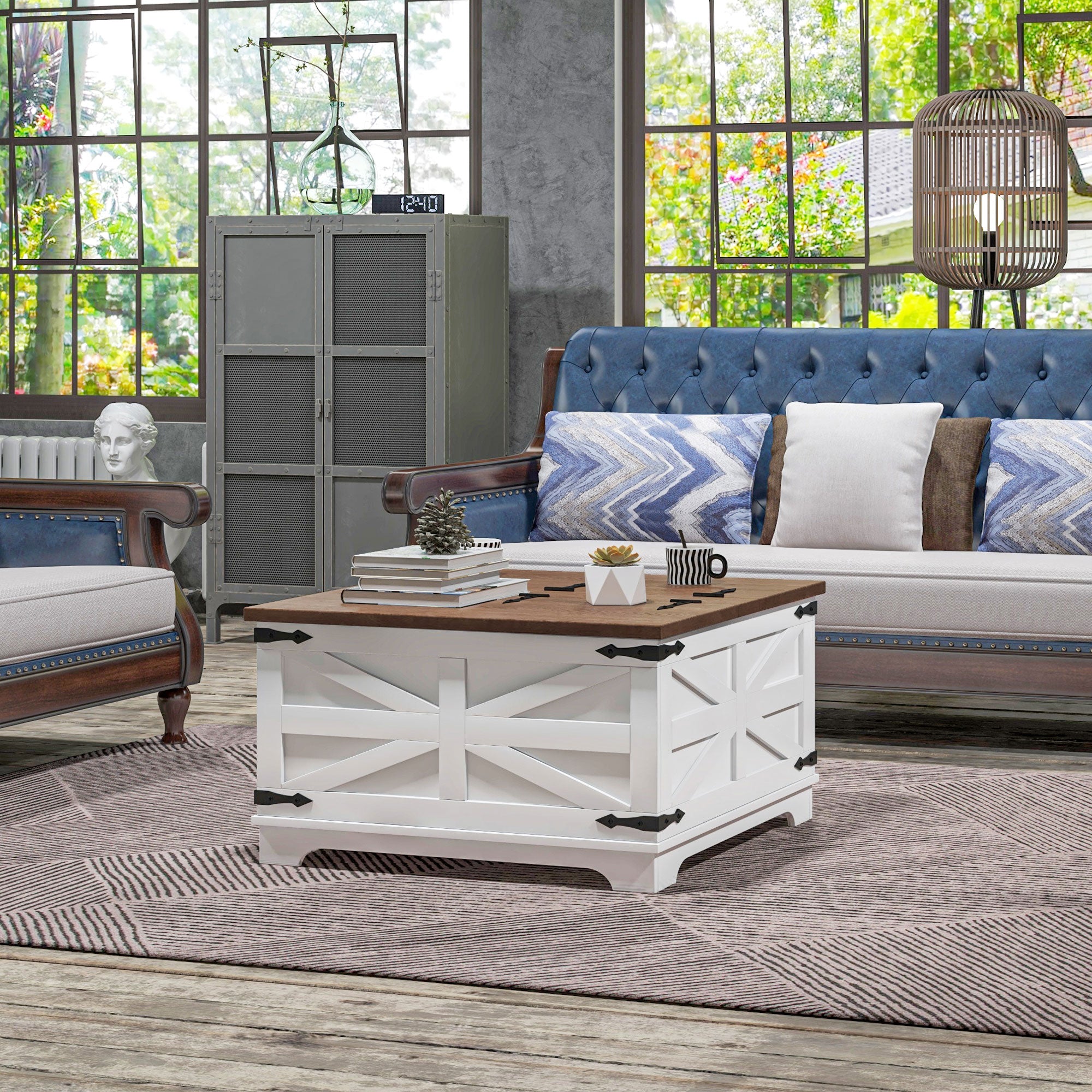Farmhouse Square Center Table w/ Flip-top Lids & Hidden Storage Compartment, White