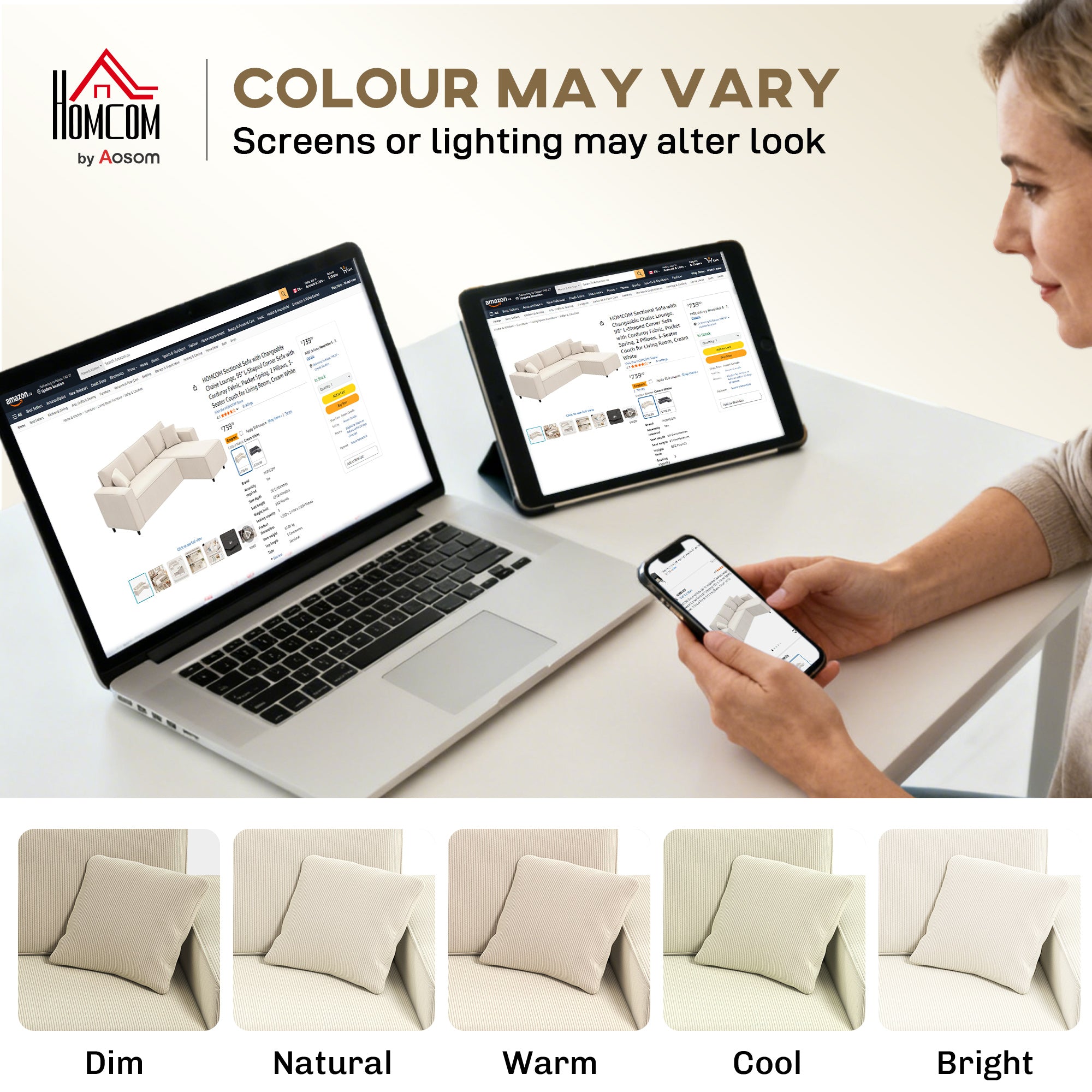 95" Sectional Sofa with Reversible Chaise Lounge, L-Shaped Corner Sofa with Corduroy Fabric, Pocket Spring, 2 Pillows, Wide Arm, Thick Padded, 3 Seat Couch for Living Room, Cream White