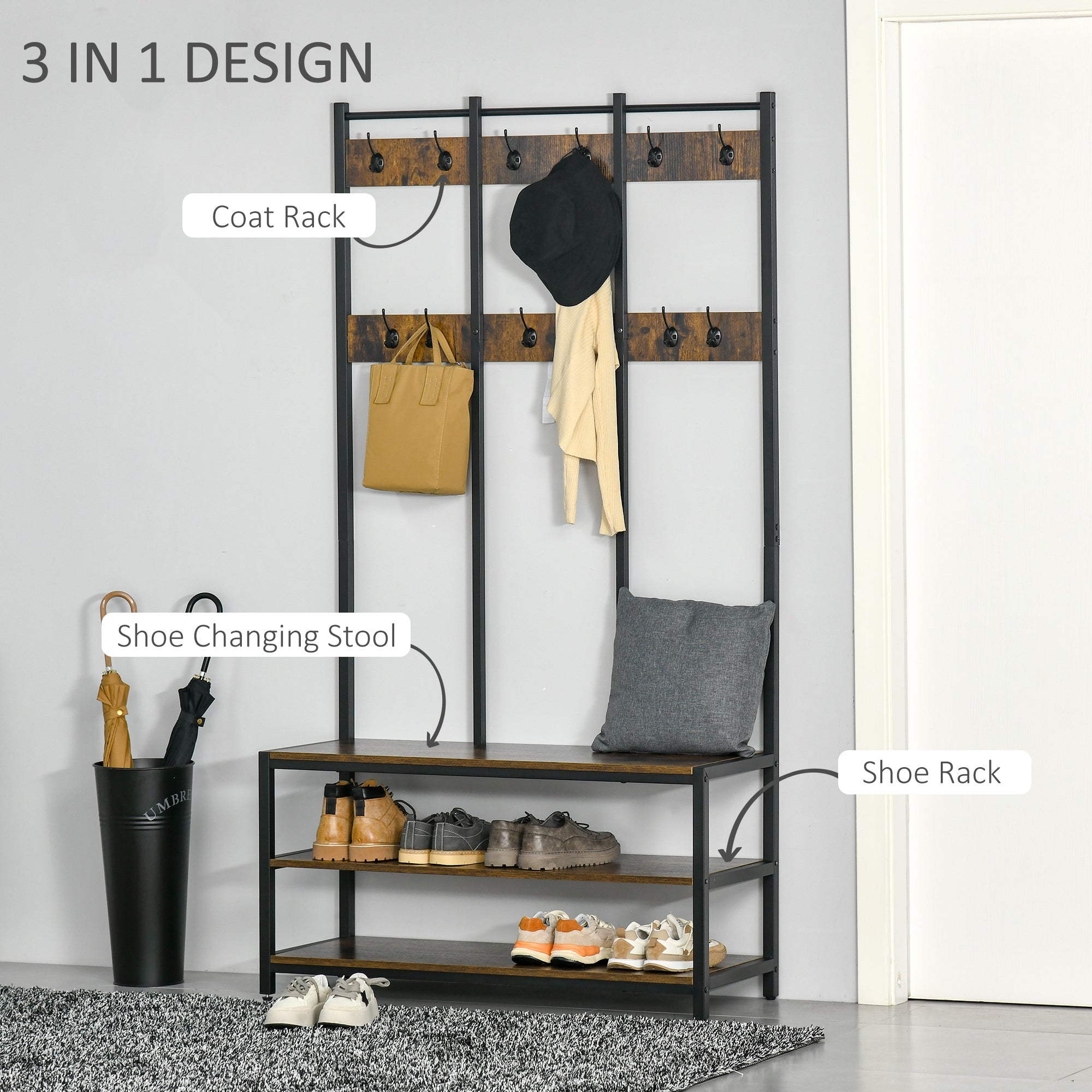 Coat Rack Stand, Free Standing Hall Tree, Coat Stand with Hooks, Bench and Shoe Rack, 100cm x 38.5cm x 185.5cm, Industrial Style, Rustic Brown and Black