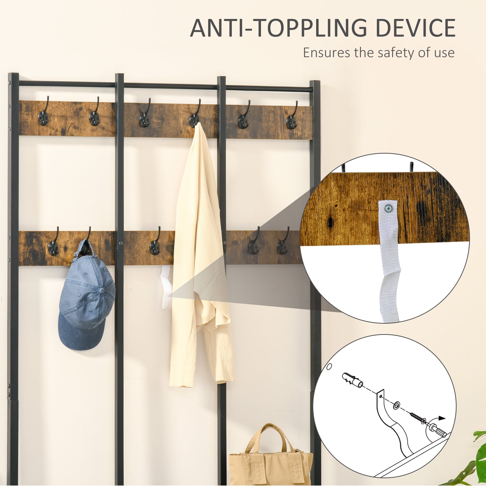 Coat Rack Stand, Free Standing Hall Tree, Coat Stand with Hooks, Bench and Shoe Rack, 100cm x 38.5cm x 185.5cm, Industrial Style, Rustic Brown and Black