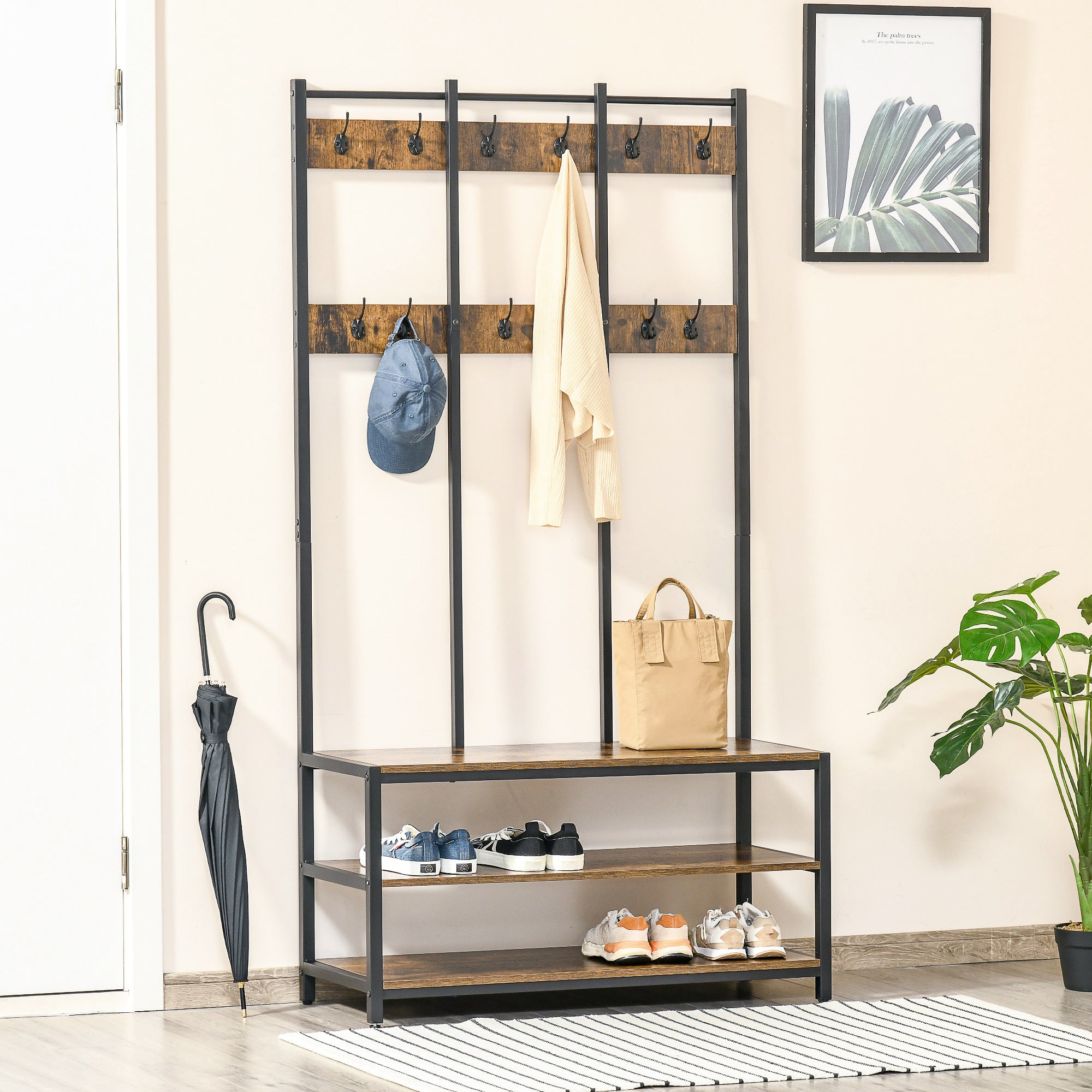 Coat Rack Stand, Free Standing Hall Tree, Coat Stand with Hooks, Bench and Shoe Rack, 100cm x 38.5cm x 185.5cm, Industrial Style, Rustic Brown and Black