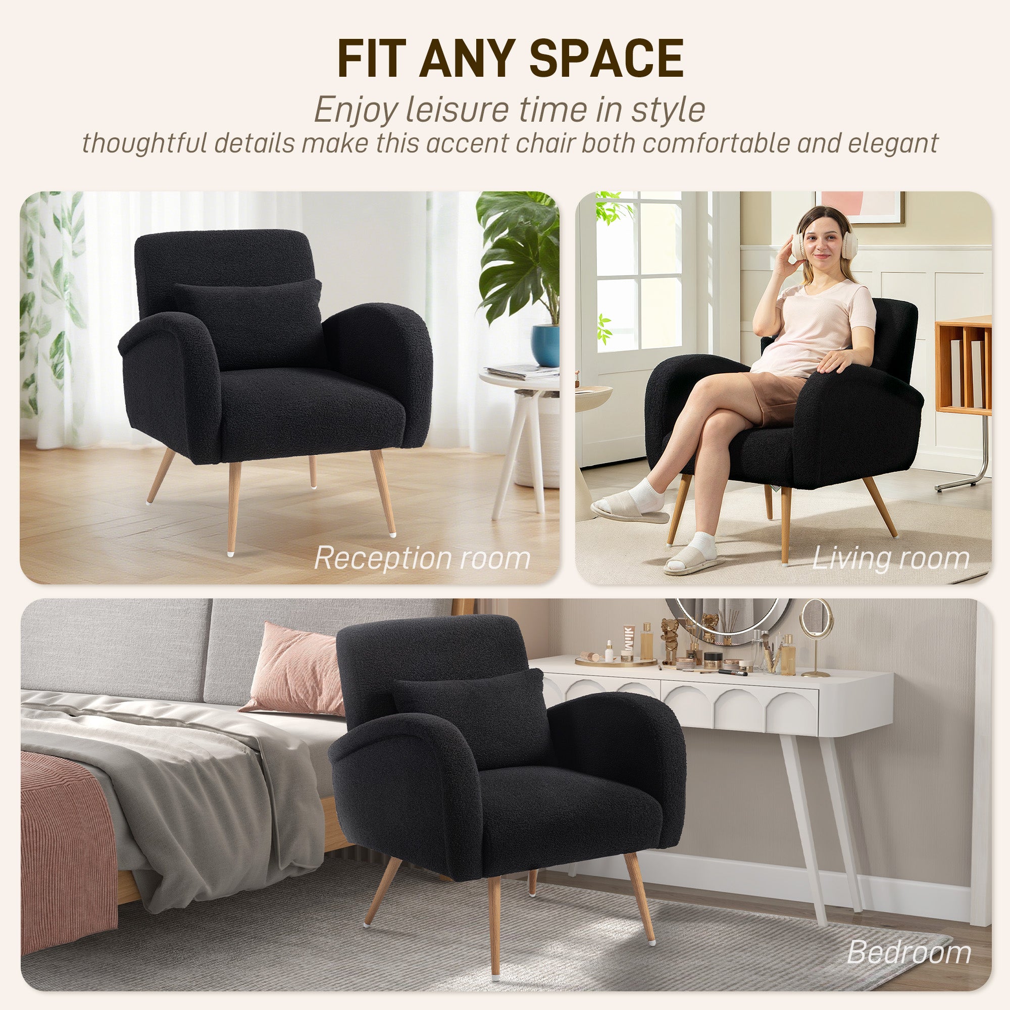 Modern Accent Chair, Teddy Fleece Upholstered Armchair with Lumbar Pillow, Metal Legs, Reading Lounge Chair for Living Room, Bedroom, Black