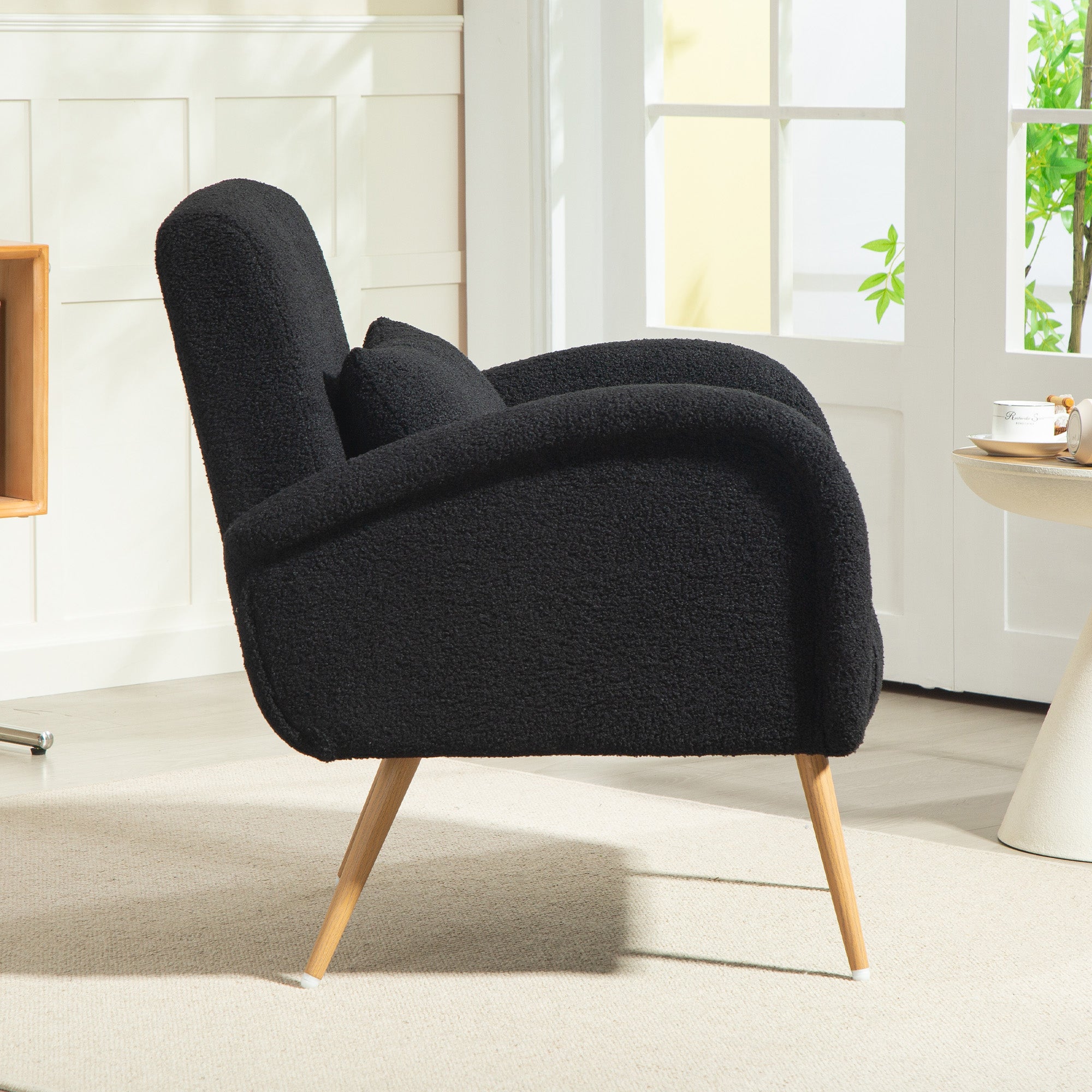 Modern Accent Chair, Teddy Fleece Upholstered Armchair with Lumbar Pillow, Metal Legs, Reading Lounge Chair for Living Room, Bedroom, Black
