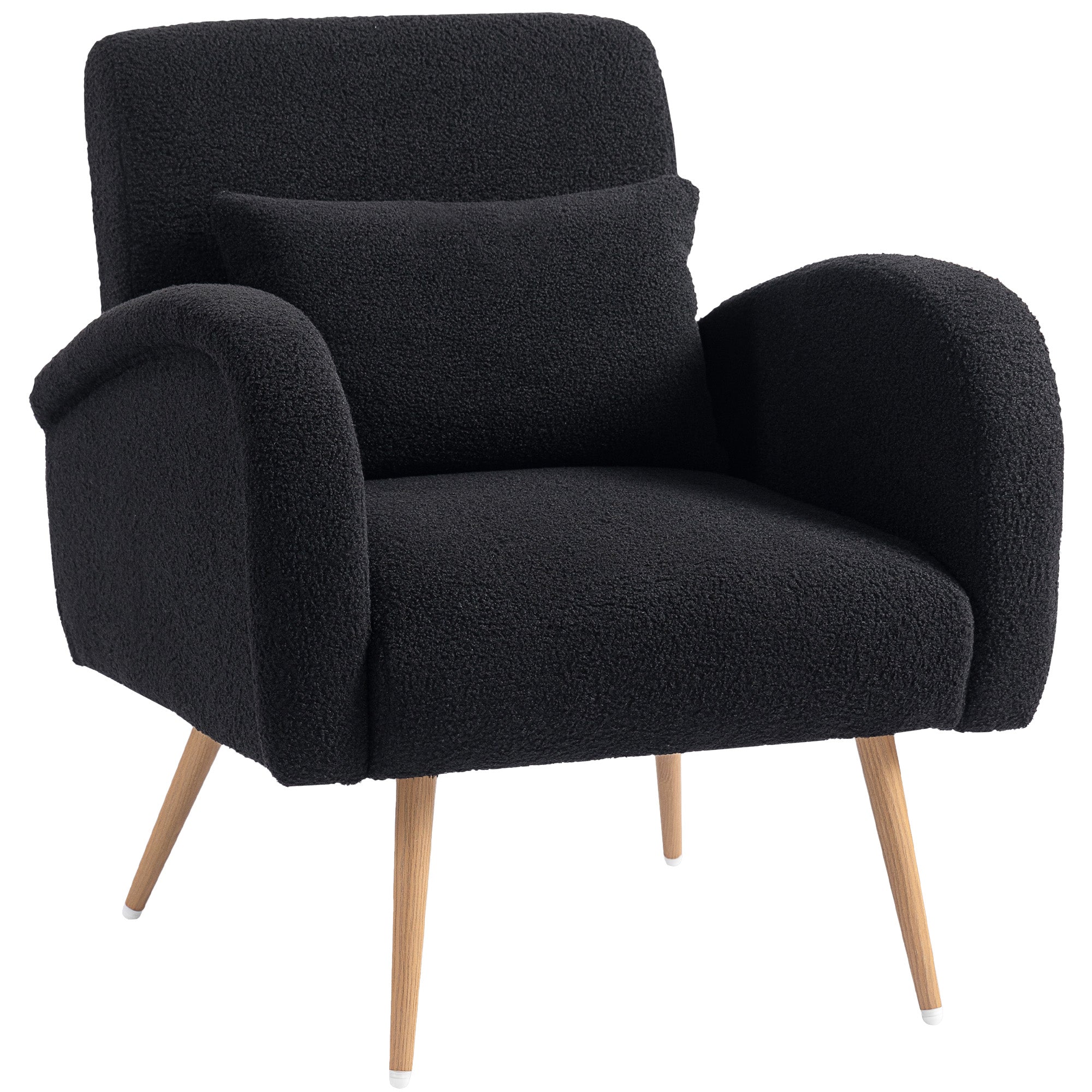 Modern Accent Chair, Teddy Fleece Upholstered Armchair with Lumbar Pillow, Metal Legs, Reading Lounge Chair for Living Room, Bedroom, Black