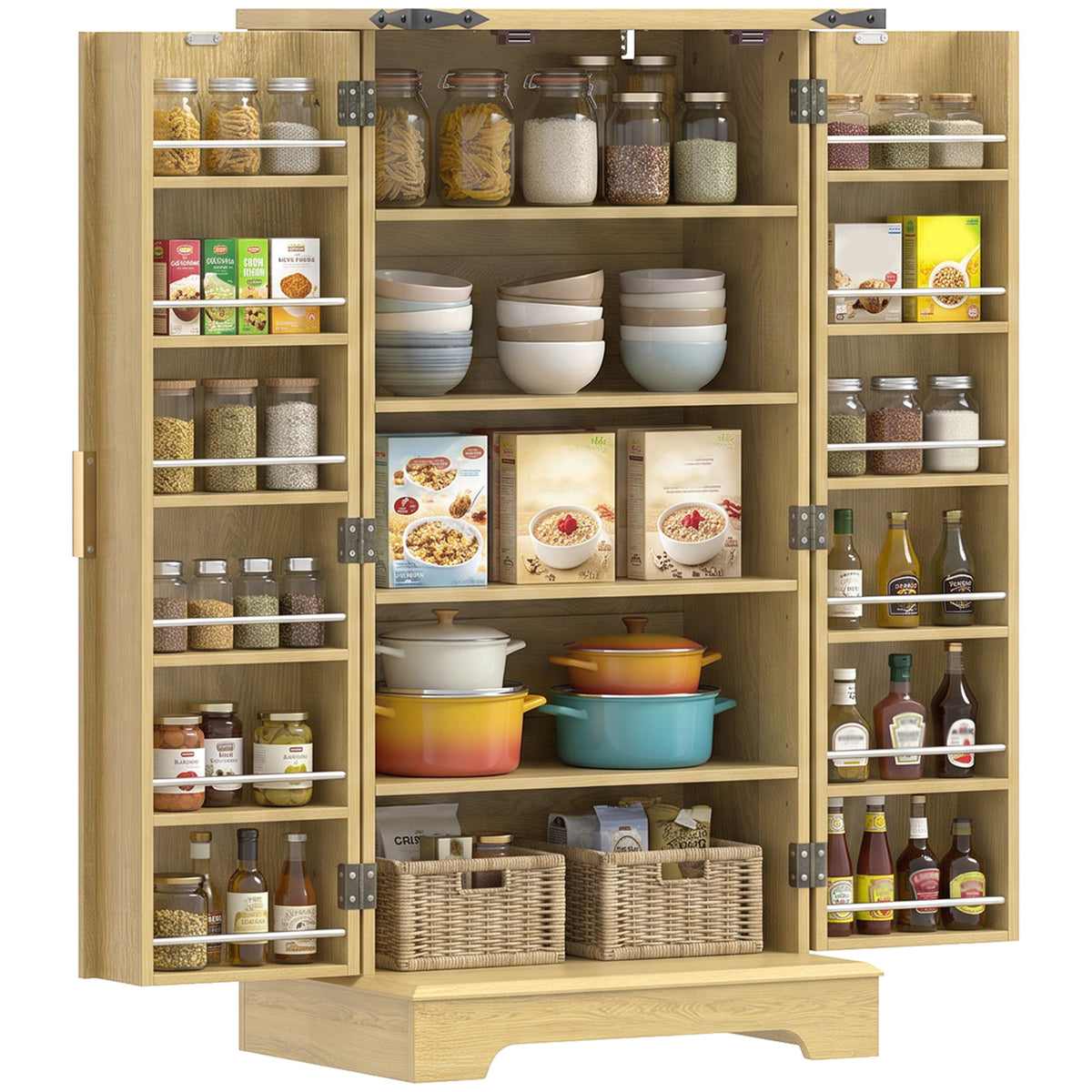 46" Kitchen Pantry Cabinet with Doors and Adjustable Shelves, Freestanding Fluted Pantry Storage Cabinet with Spice Racks, Farmhouse Buffet Sideboard for Kitchen, Dining Room