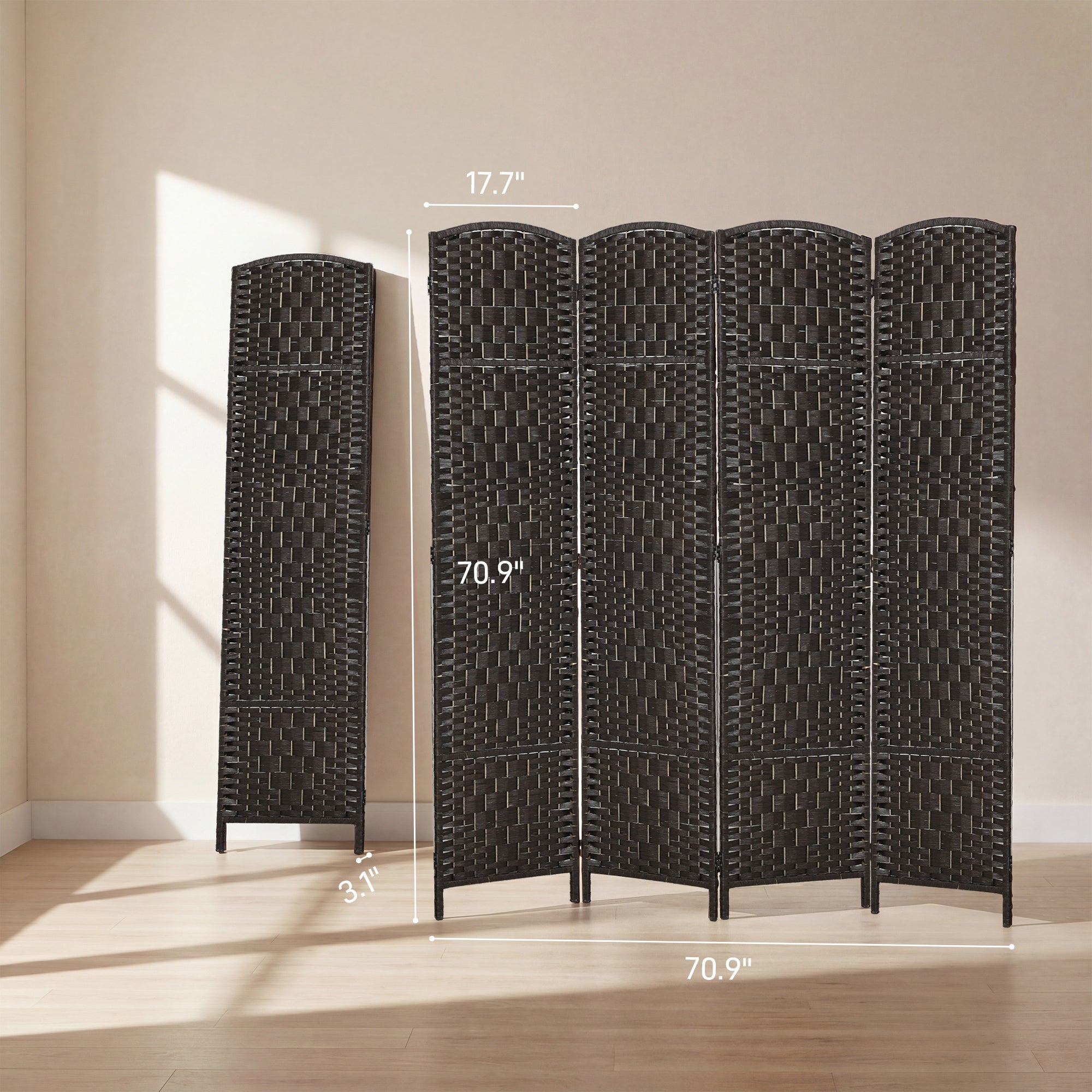 Room Divider, 4 Panel Folding Privacy Screen, 70.9" Tall Portable Wicker Weave Partition Wall Divider for Bedroom, Home Office, Coffee