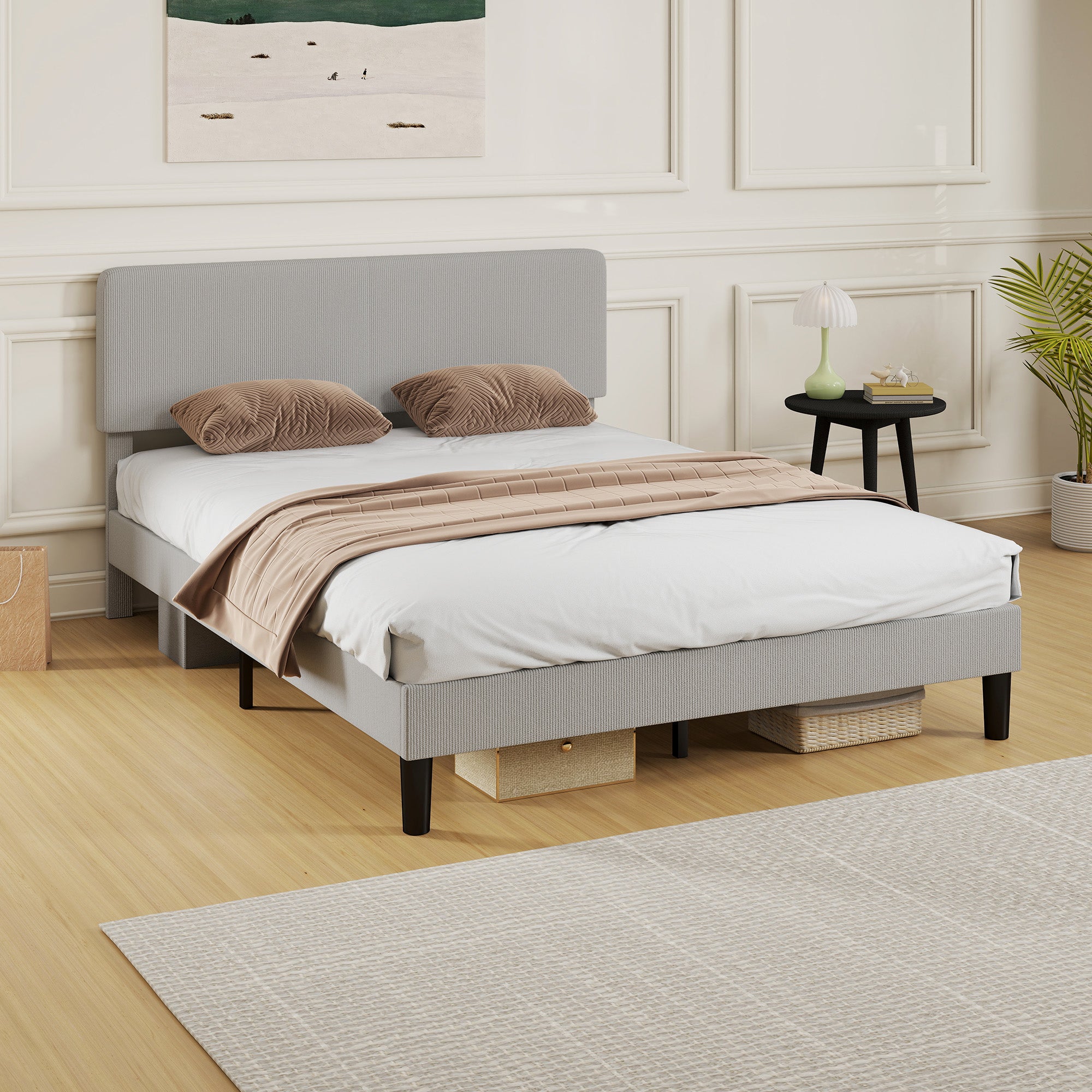 Queen Bed Frame with Adjustable Headboard, Corduroy Upholstered Platform Bed Frame, Wood Slat Support, Noise Free, No Box Spring Needed, Easy Assembly, Light Grey