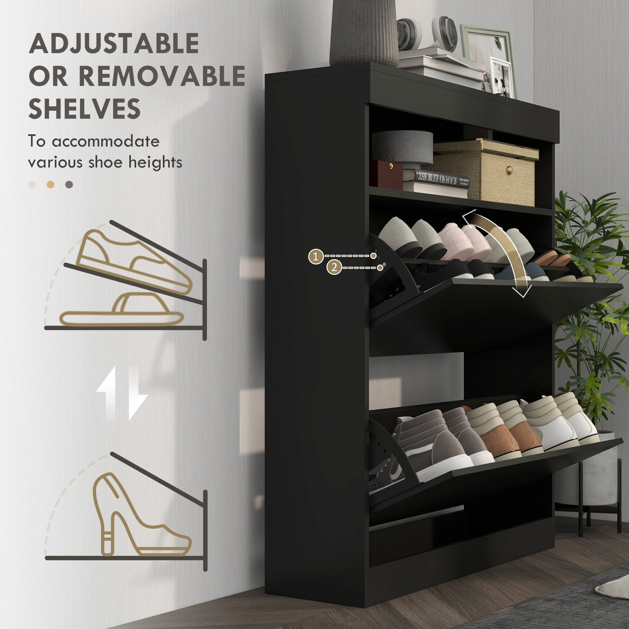 HOMCOM Narrow Shoe Cabinet, Wall Mounted or Freestanding Shoe Storage Cabinet with 2 Flip Drawers and Open Shelf for 12-16 Pairs of Shoes for Entryway, High Gloss Black