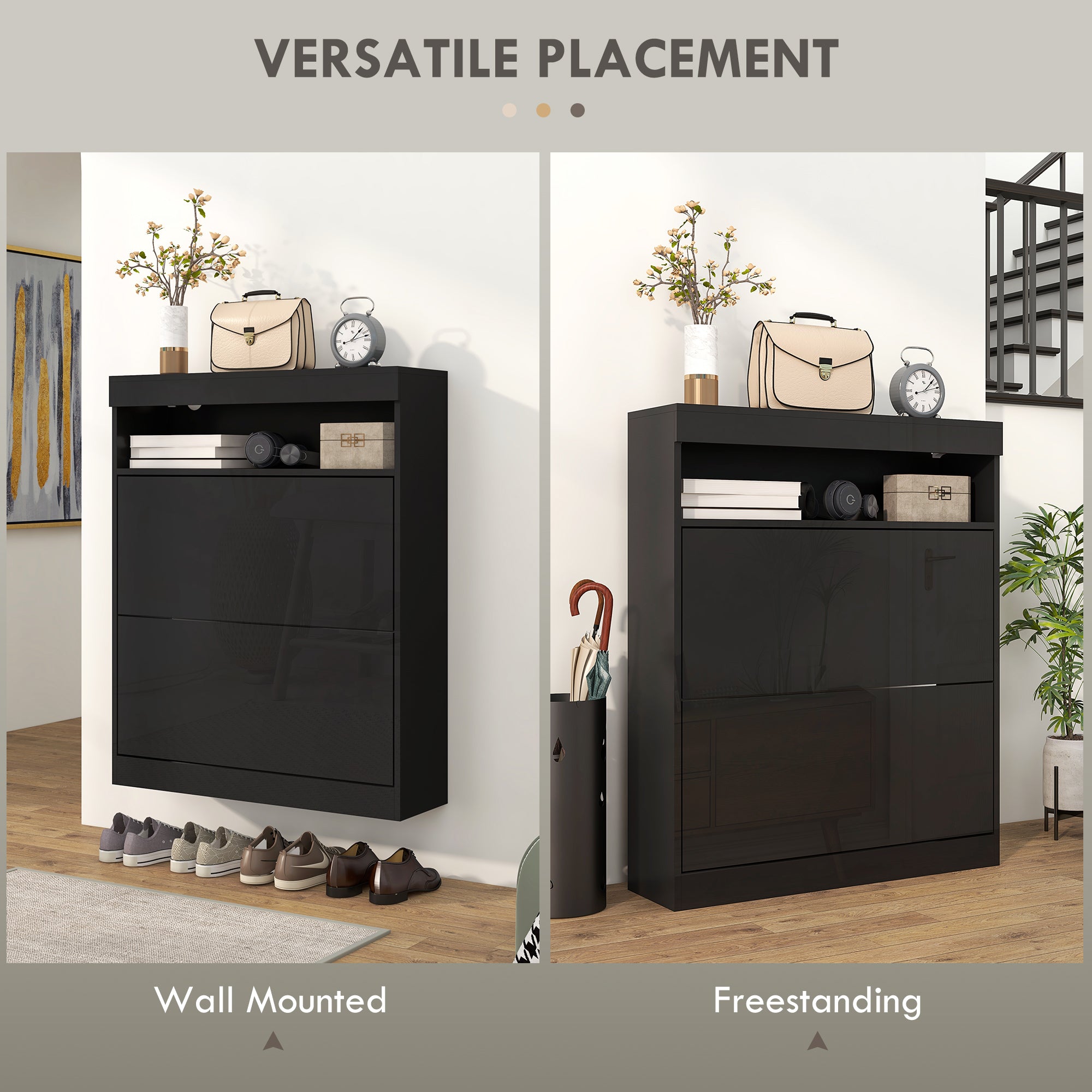 HOMCOM Narrow Shoe Cabinet, Wall Mounted or Freestanding Shoe Storage Cabinet with 2 Flip Drawers and Open Shelf for 12-16 Pairs of Shoes for Entryway, High Gloss Black