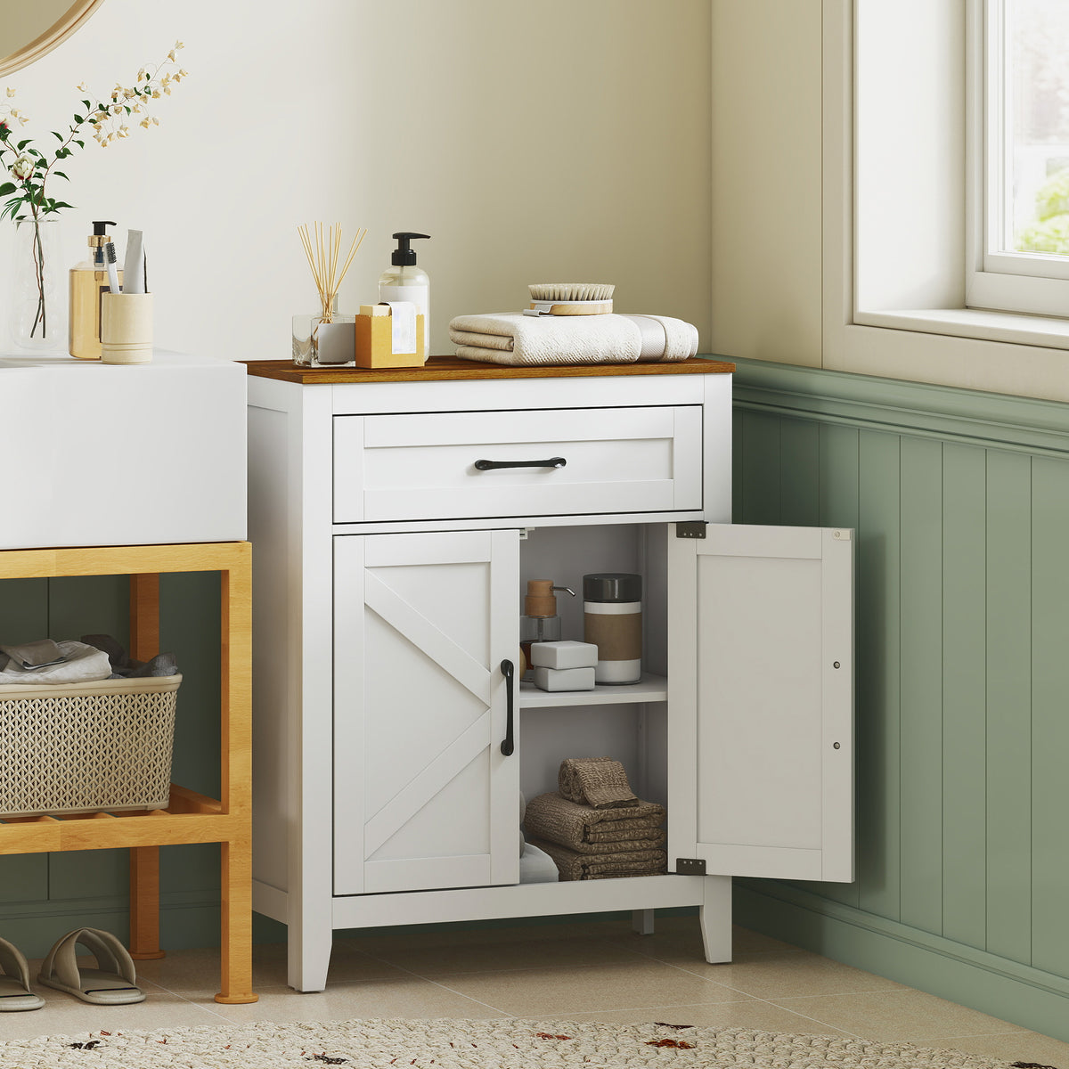 Bathroom Cabinet, Farmhouse Bathroom Storage Cabinet with Barn Doors, Drawer and Adjustable Shelf, White