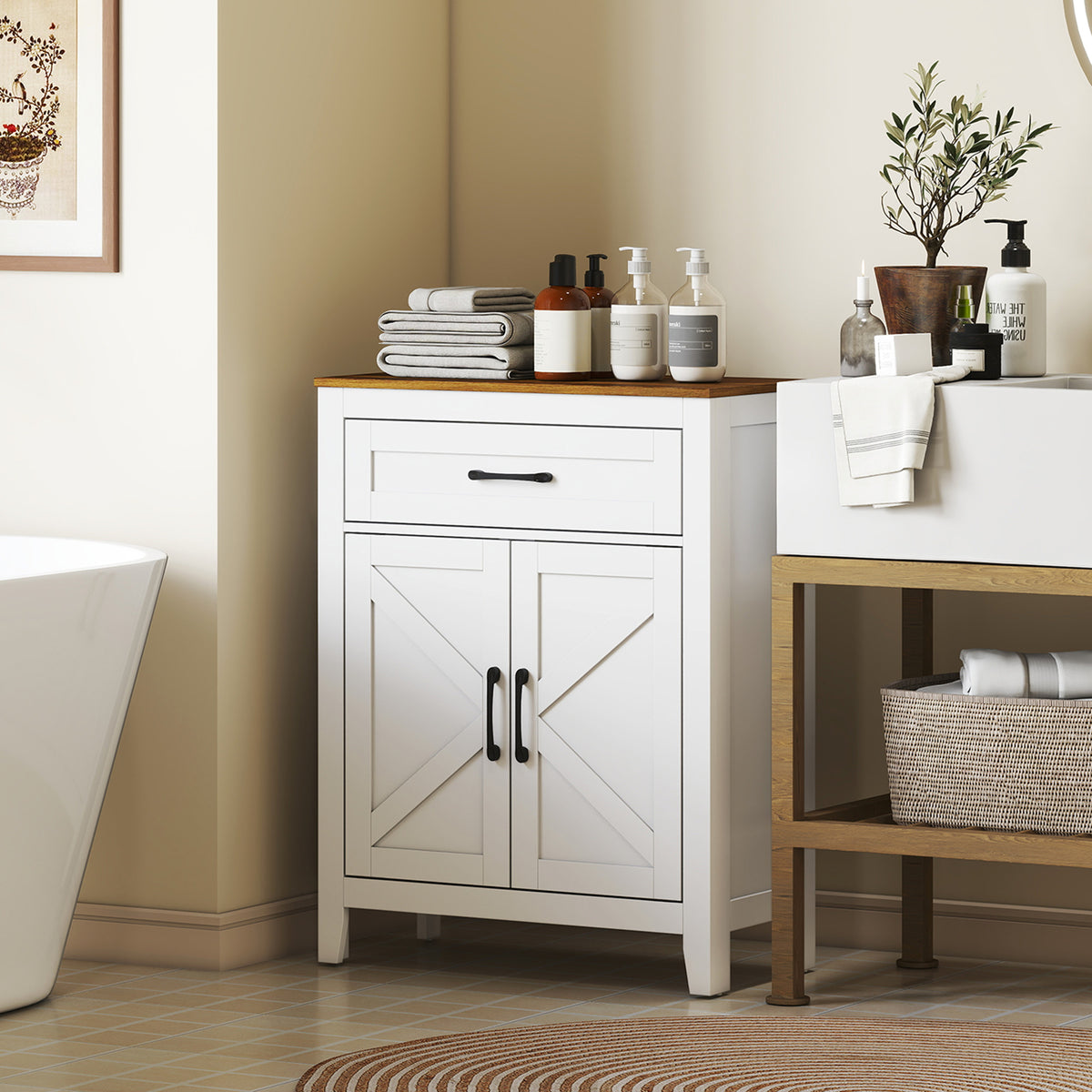 Bathroom Cabinet, Farmhouse Bathroom Storage Cabinet with Barn Doors, Drawer and Adjustable Shelf, White