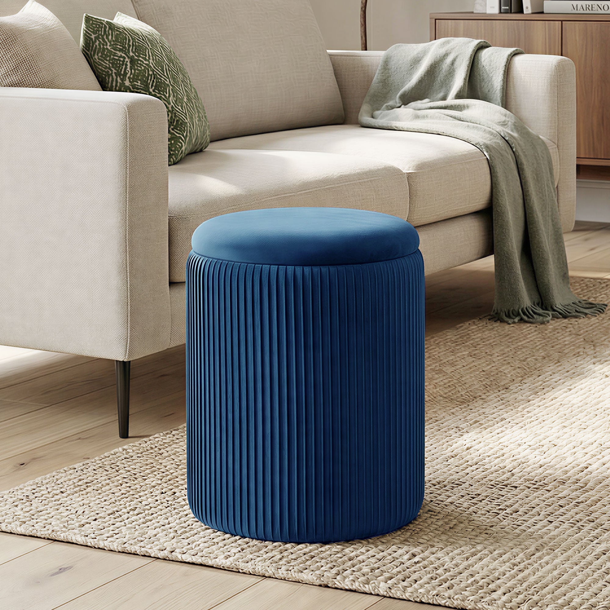 Round Storage Ottoman, Velvet-feel Fabric Upholstered Foot Stool with Removable Top, Padded Seat and Hidden Space for Living Room, Bedroom, Blue