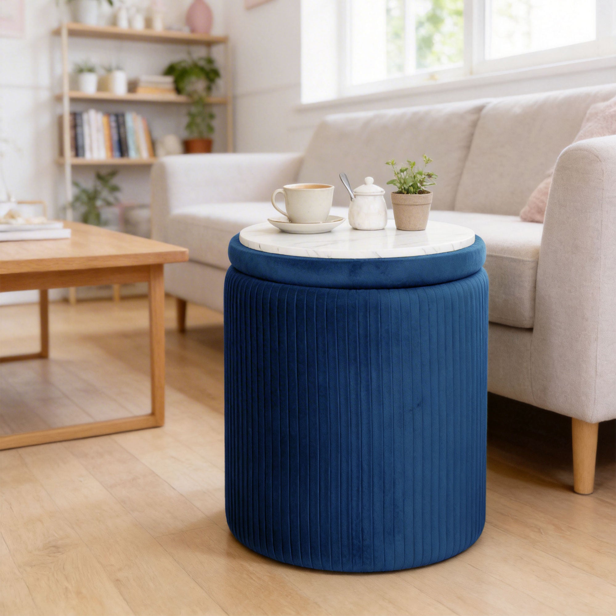 Round Storage Ottoman, Velvet-feel Fabric Upholstered Foot Stool with Removable Top, Padded Seat and Hidden Space for Living Room, Bedroom, Blue