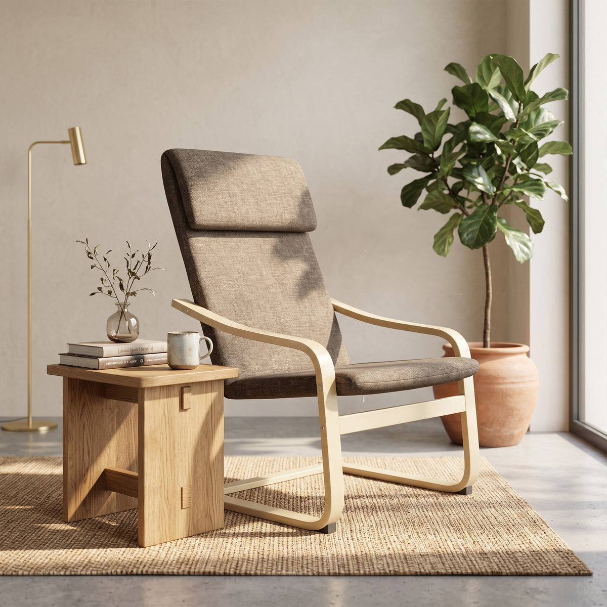 Modern Accent Chair, Linen-Feel Upholstered Living Room Chair with Wood Curved Legs and Wide Padded Seat for Balcony, Dark Brown