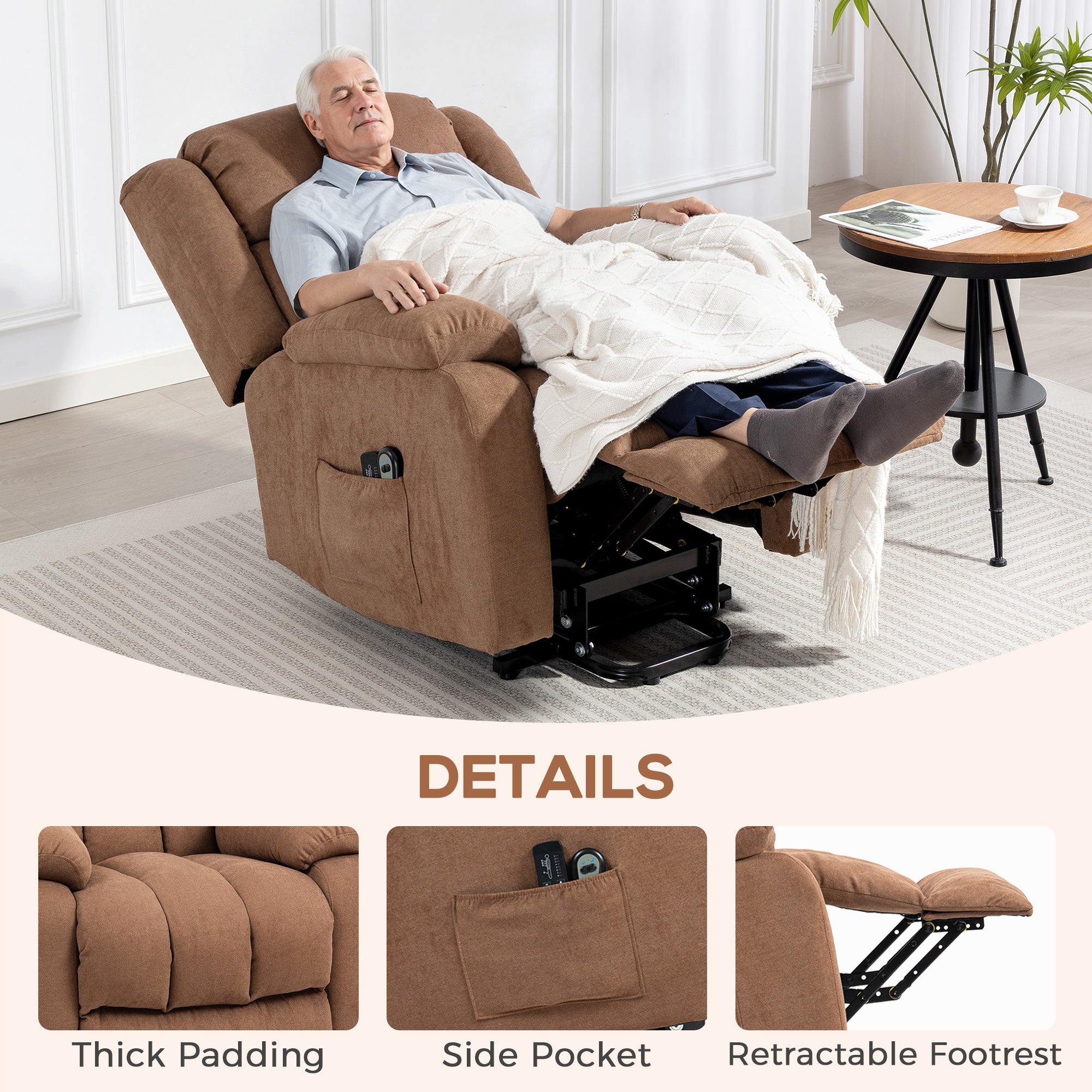 Power Lift Recliner Chair with Massage, Linen Overstuffed Lift Chair for Elderly, Electric Recliner Armchair with Footrest, Remote Control and Side Pocket, for Living Room, Brown
