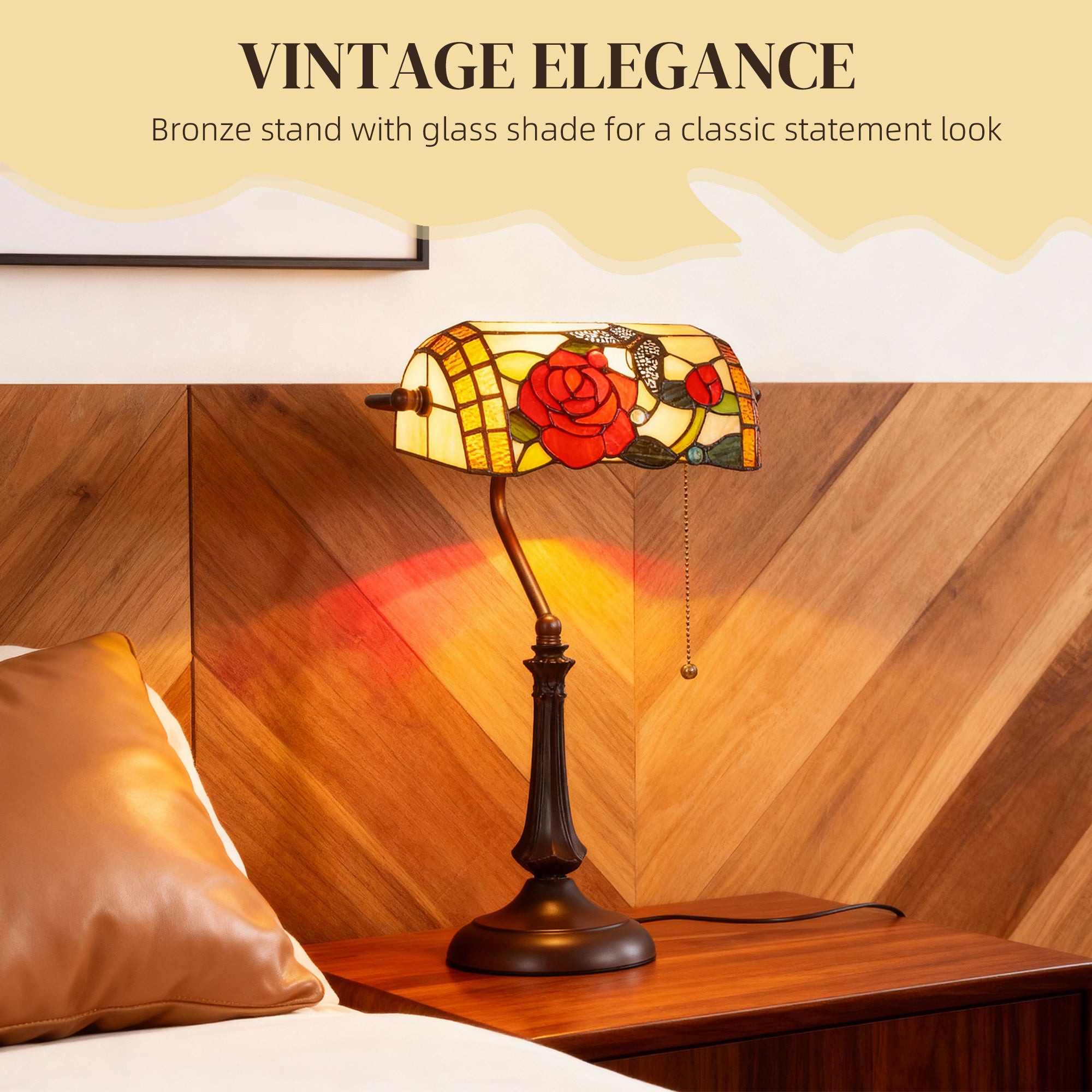Tiffany-Style Glass Table Lamp with Rose and Butterfly Design, Handcrafted Antique Bedside Lamp with Dual Switch Control for Living Room and Bedroom, E27 Socket, No Assembly Required, Red