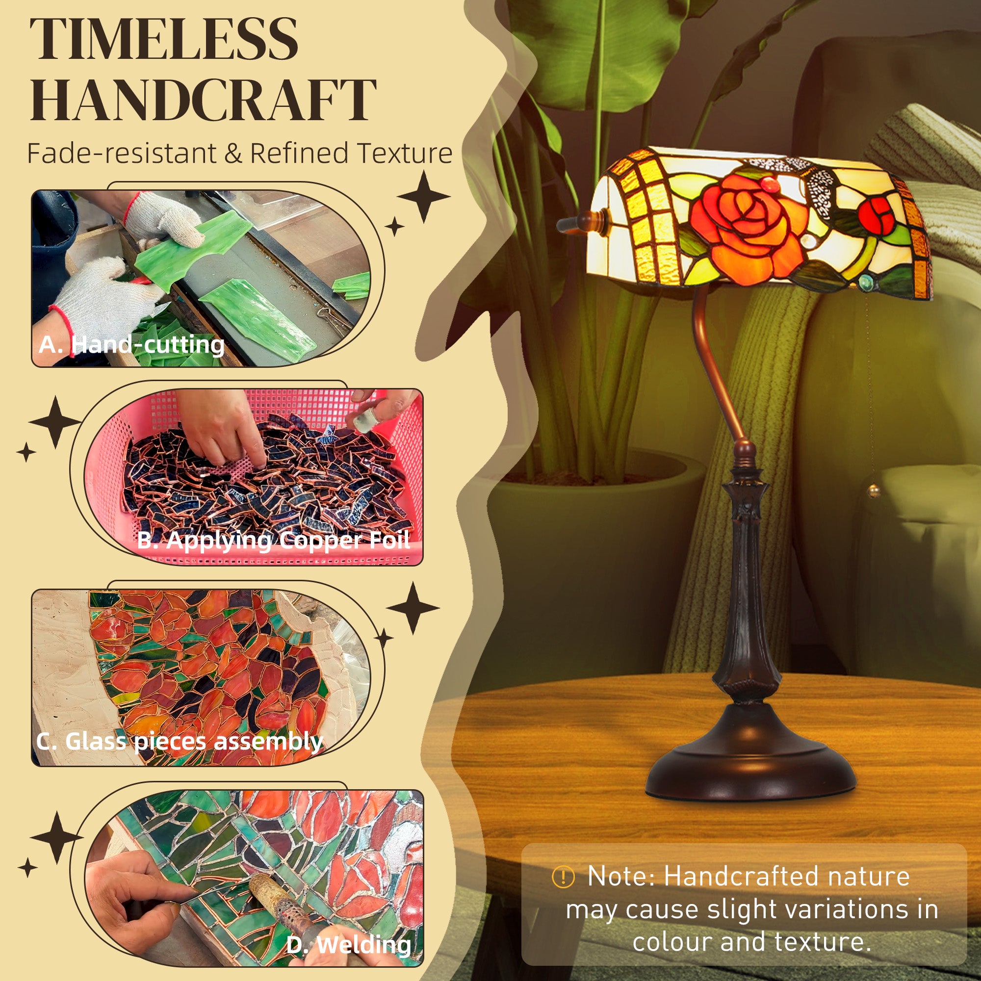Tiffany-Style Glass Table Lamp with Rose and Butterfly Design, Handcrafted Antique Bedside Lamp with Dual Switch Control for Living Room and Bedroom, E27 Socket, No Assembly Required, Red