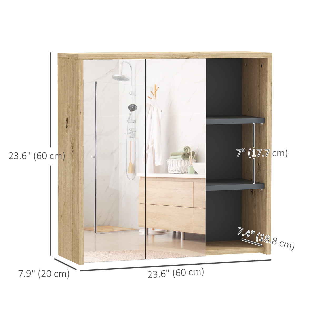 Bathroom Medicine Cabinet with Mirror, Wall Mount Mirror Cabinet with Open Shelves, 2 Soft-Close Doors, Bathroom Storage Organizer, Natural