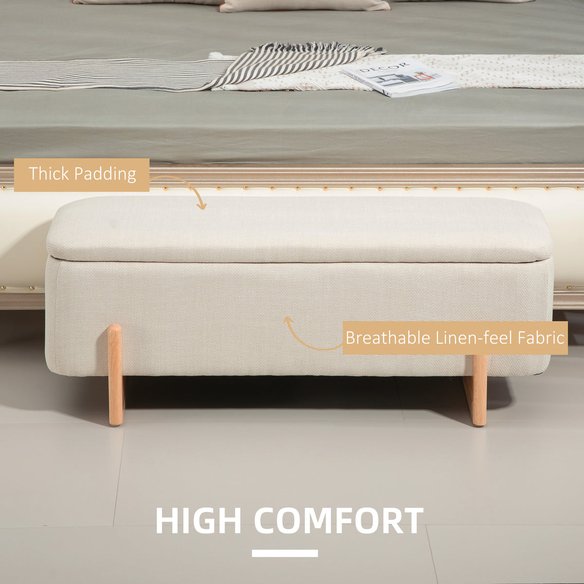 Storage Ottoman with Linen-Look Upholstery, Storage Bench with Safety Hinges and Wooden Legs for Bedroom, Hallway, Cream White