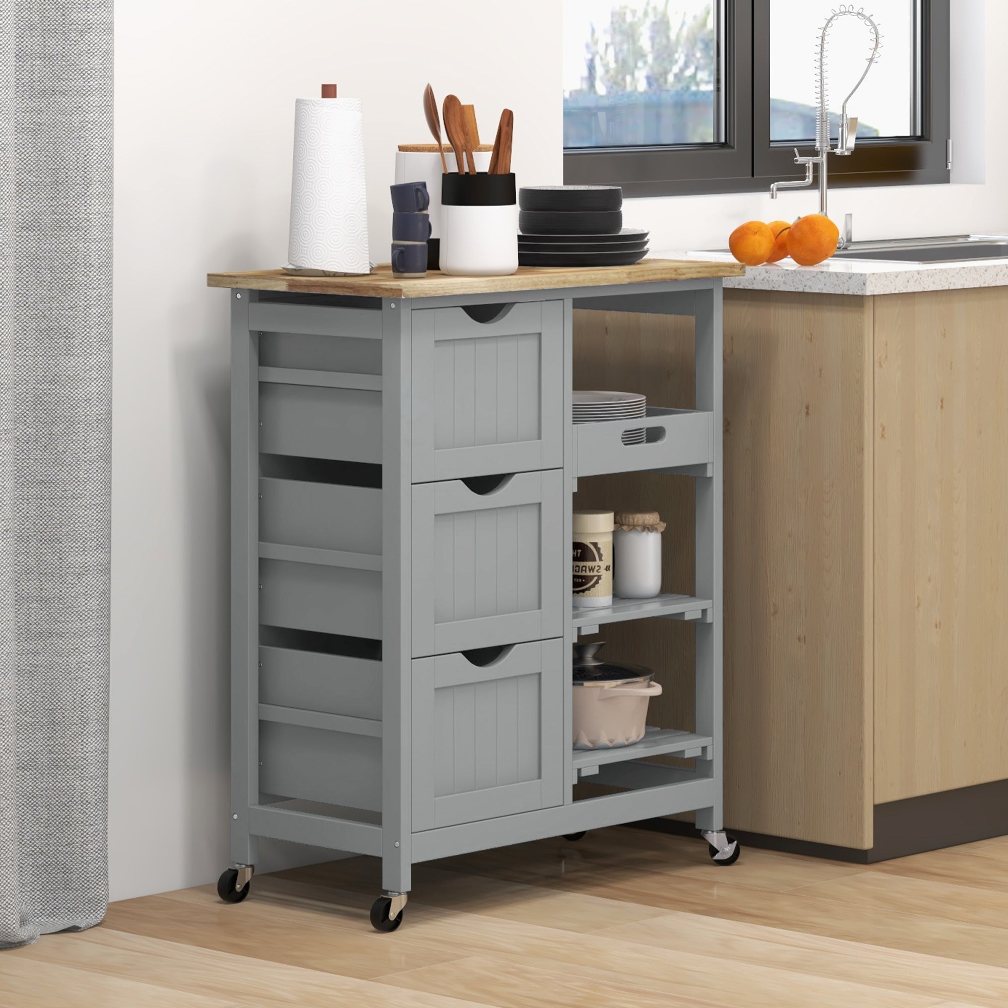 Rolling Kitchen Island Cart, Bar Serving Cart, Compact Trolley on Wheels with Wood Top, Shelves & Drawers for Home Dining Area, Grey