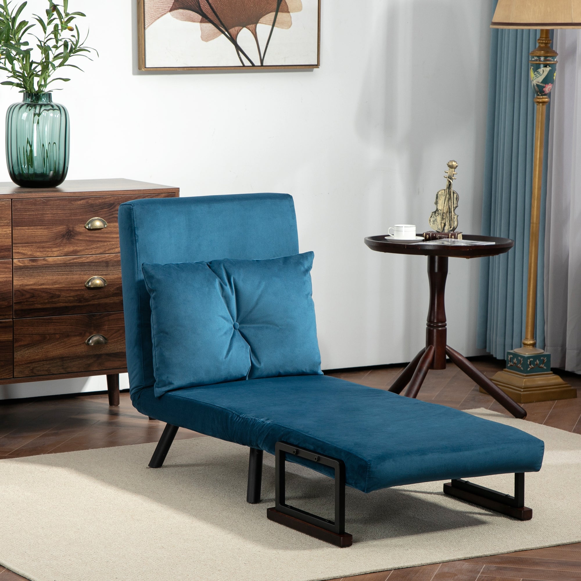 HOMCOM Single Chair Bed, Click Clack Convertible Bed Settee, Modern Velvet Feel Fabric Chair Couch with 1 Tufted Cushion, Wood Armrests, for Living Room, Bedroom, Guest Room, Navy Blue