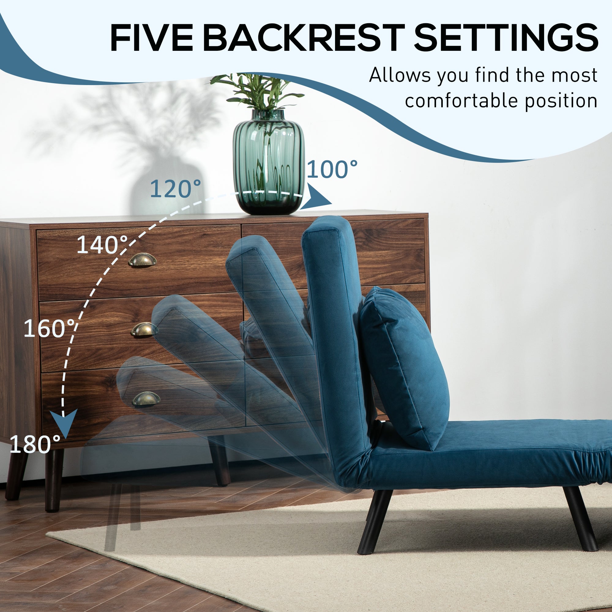 HOMCOM Single Chair Bed, Click Clack Convertible Bed Settee, Modern Velvet Feel Fabric Chair Couch with 1 Tufted Cushion, Wood Armrests, for Living Room, Bedroom, Guest Room, Navy Blue