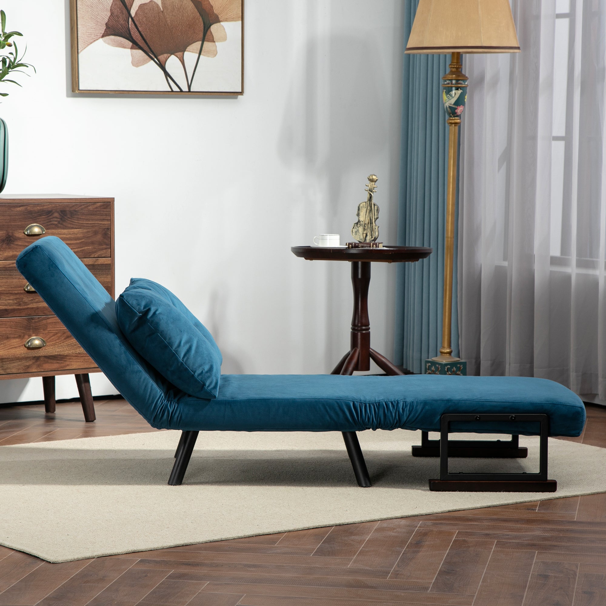 HOMCOM Single Chair Bed, Click Clack Convertible Bed Settee, Modern Velvet Feel Fabric Chair Couch with 1 Tufted Cushion, Wood Armrests, for Living Room, Bedroom, Guest Room, Navy Blue