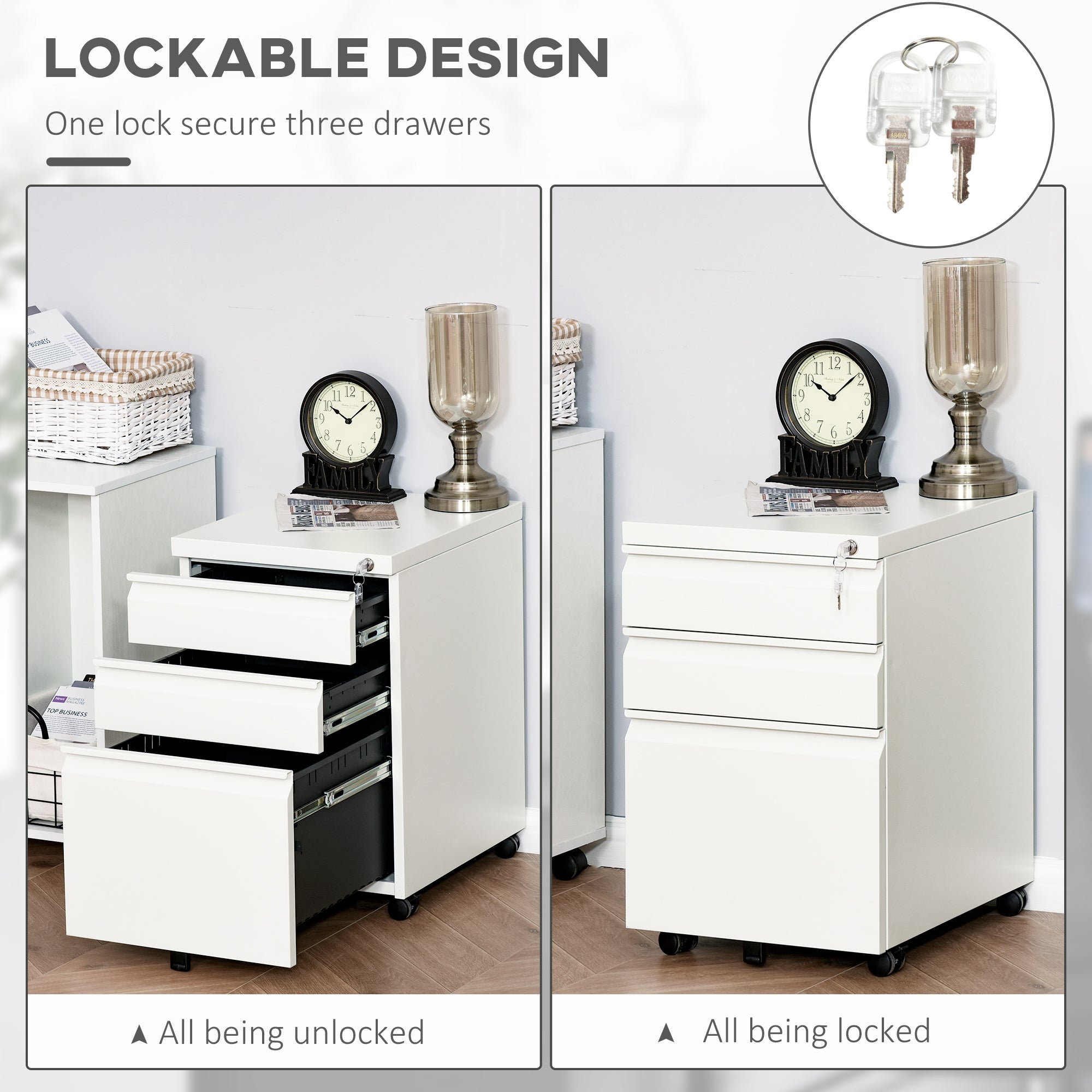 Vinsetto Mobile Vertical File Cabinet Lockable Metal Filling Cabinet with 3 Drawers Anti-tilt Design for Letter A4 Legal Size Fully Assembled Except Casters White