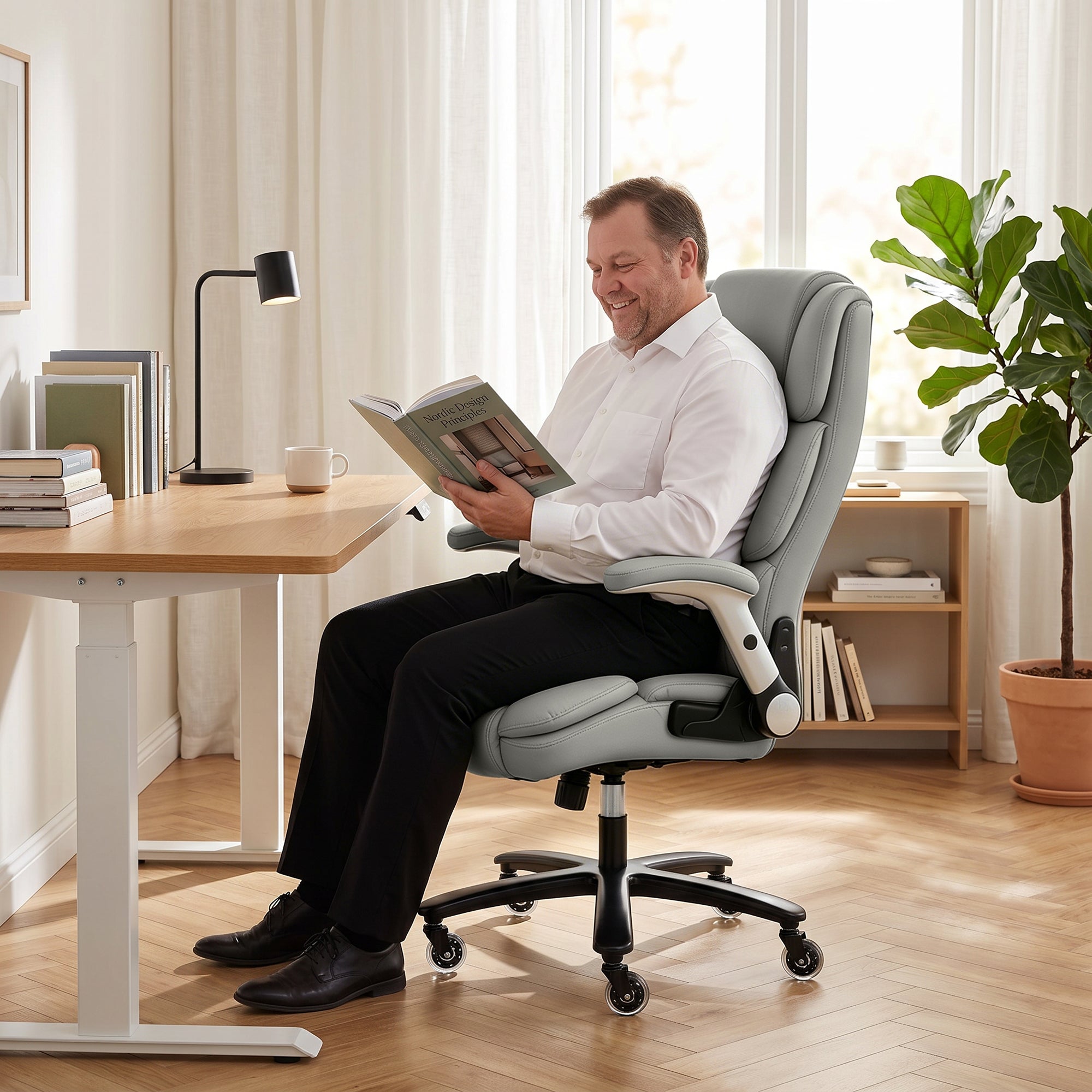 Heavy Duty Office Chair 400LBS with Airbag Lumbar Support, Pet-Friendly Fabric, Big and Tall Desk Chair with Flip-Up Armrests, Pocket Springs, Class 4 Gas Cylinder, Wide Seat, Light Gray