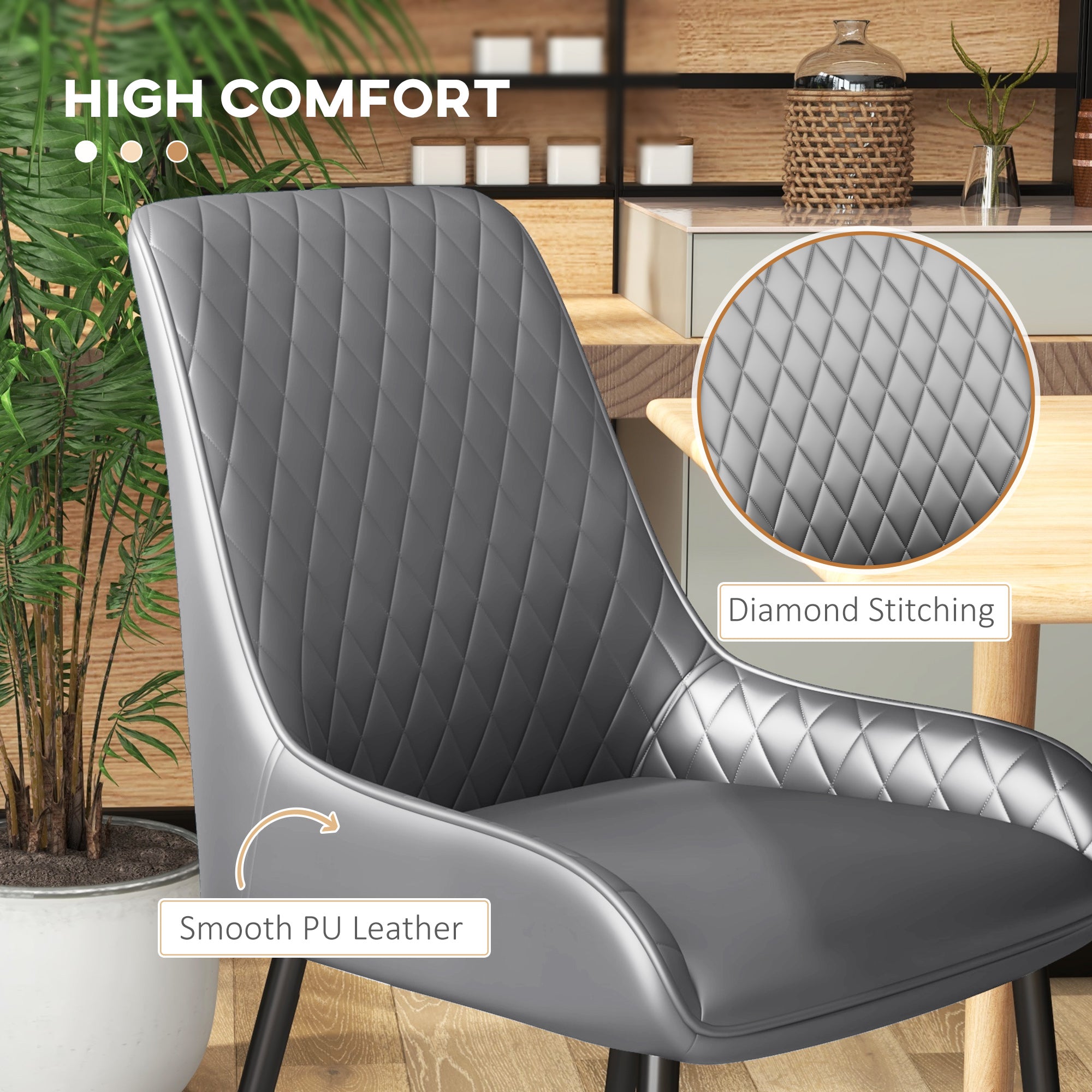 HOMCOM Dining Chairs Set of 4, Modern PU Leather Upholstered Kitchen Chairs with Diamond Tufted Backs and Steel Legs for Living Room, Dining Room, Bedroom, Grey