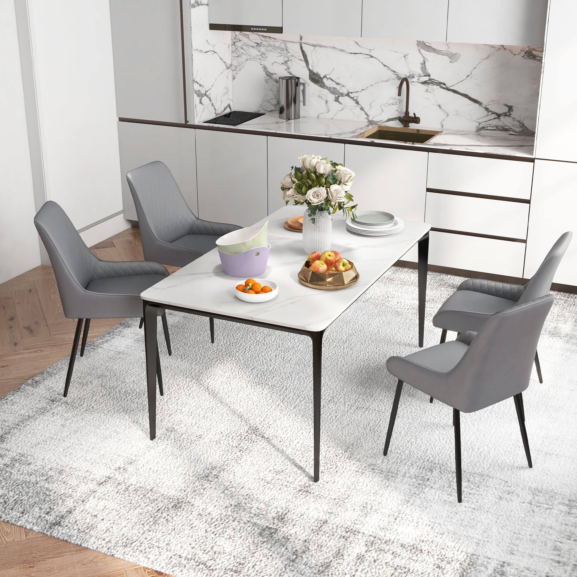 HOMCOM Dining Chairs Set of 4, Modern PU Leather Upholstered Kitchen Chairs with Diamond Tufted Backs and Steel Legs for Living Room, Dining Room, Bedroom, Grey