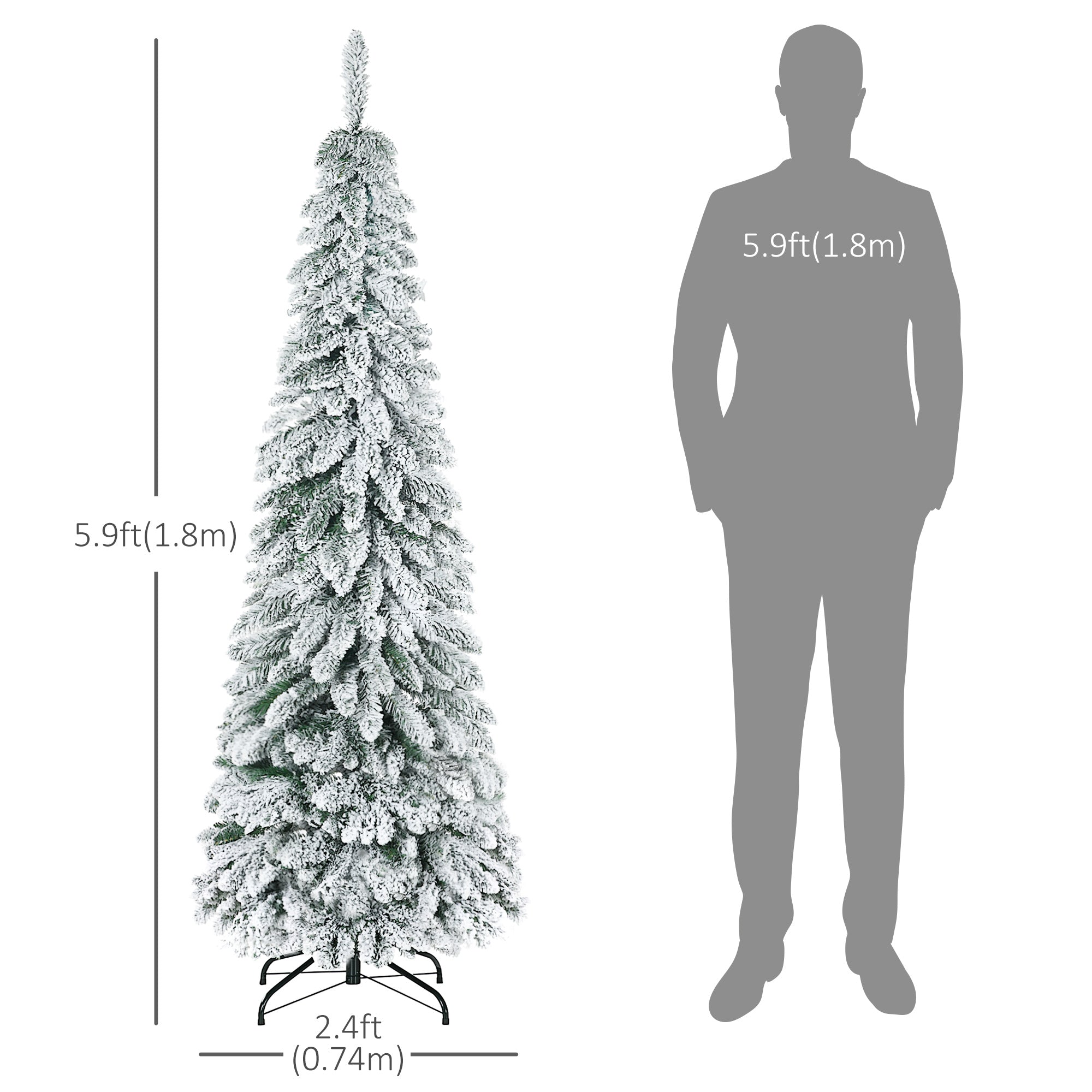 HOMCOM 6ft Tall Pencil Artificial Christmas Tree Xmas Tree with 523 Snow Flocked Branches, Downswept Shape, Steel Base