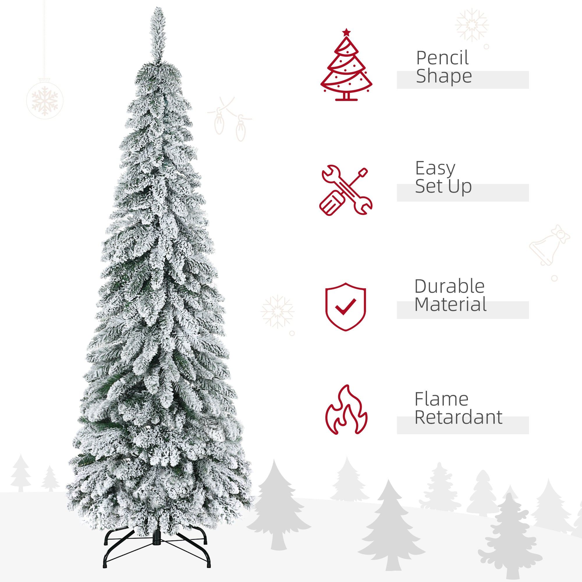 HOMCOM 6ft Tall Pencil Artificial Christmas Tree Xmas Tree with 523 Snow Flocked Branches, Downswept Shape, Steel Base
