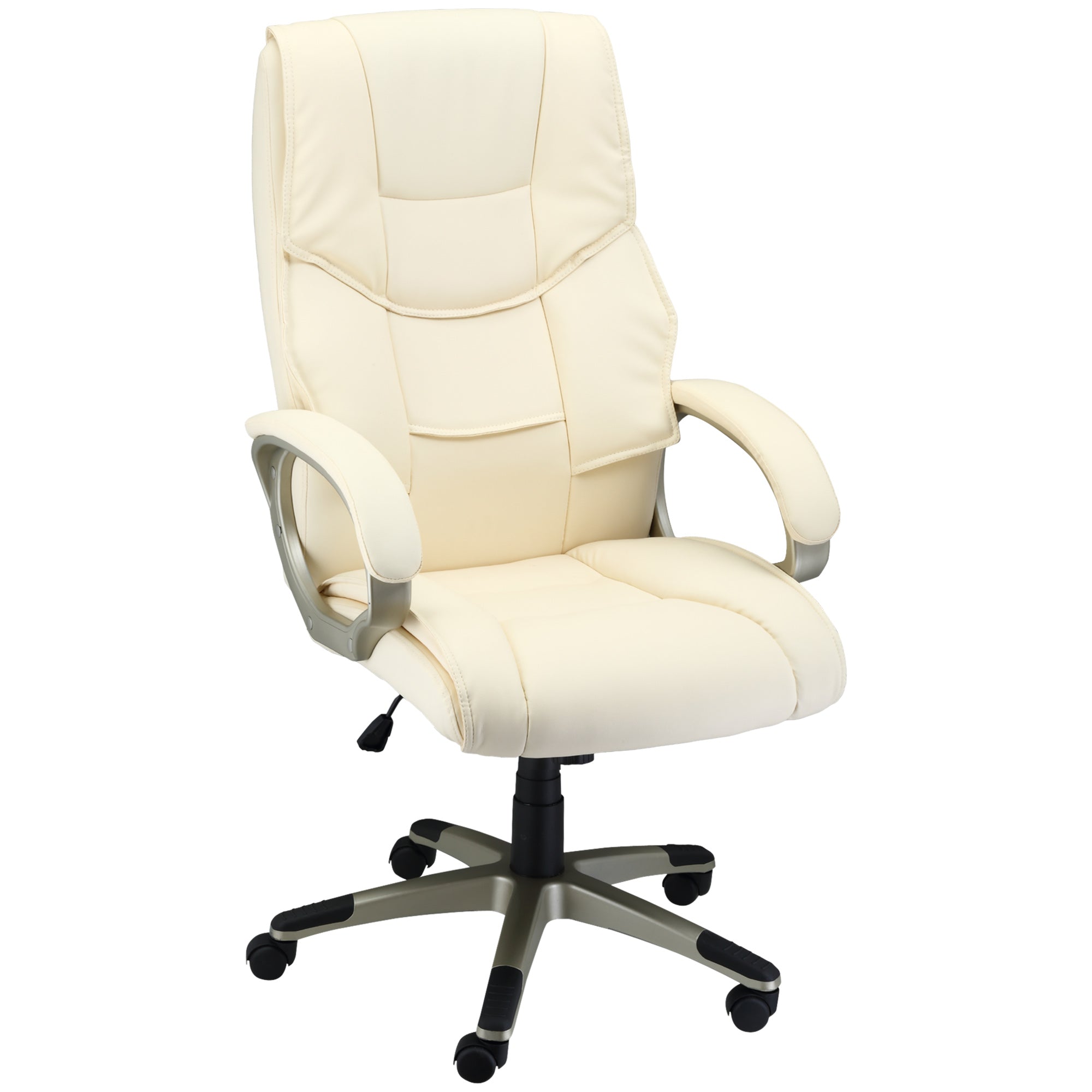 HOMCOM Office Chair, Computer Desk Chair, Faux Leather Swivel Chair with Adjustable Height, Padded Seat and Rolling Wheels for Home Study and Work, Cream White