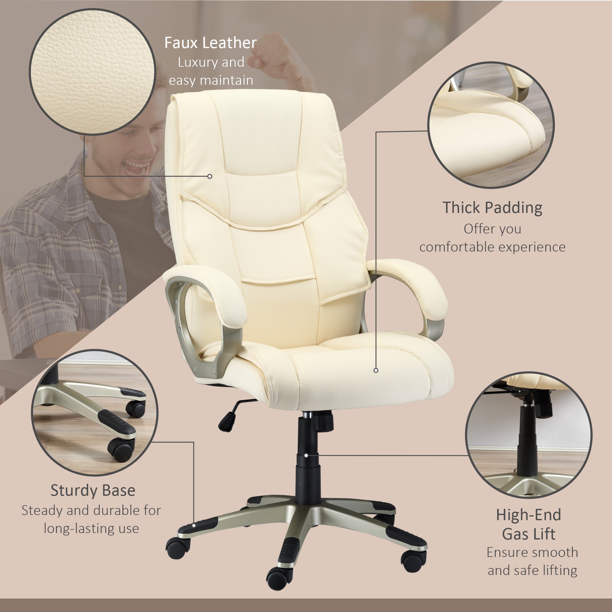 HOMCOM Office Chair, Computer Desk Chair, Faux Leather Swivel Chair with Adjustable Height, Padded Seat and Rolling Wheels for Home Study and Work, Cream White