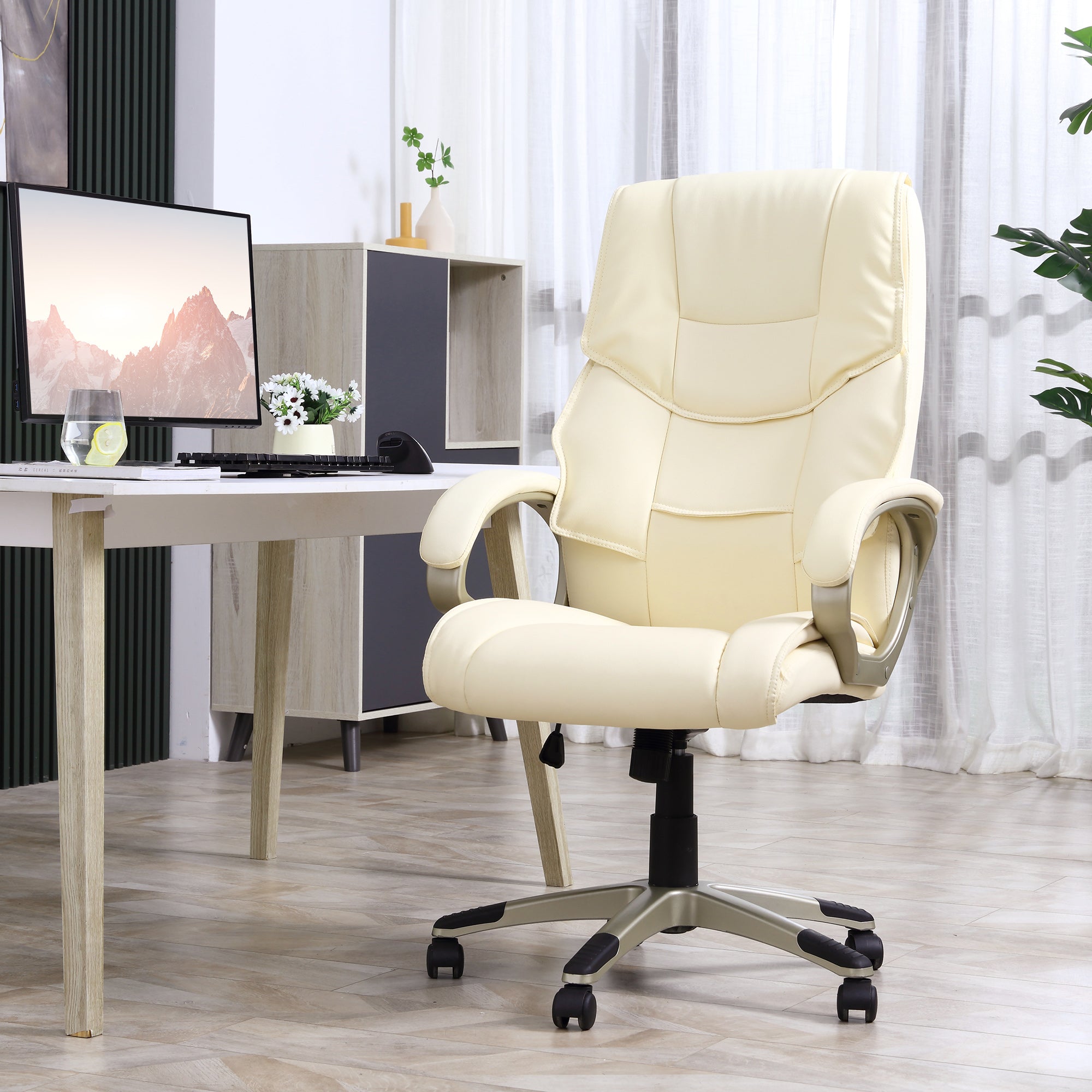 HOMCOM Office Chair, Computer Desk Chair, Faux Leather Swivel Chair with Adjustable Height, Padded Seat and Rolling Wheels for Home Study and Work, Cream White