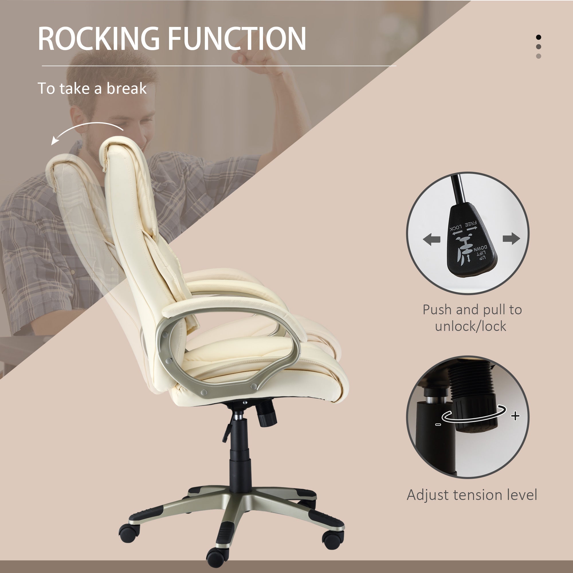 HOMCOM Office Chair, Computer Desk Chair, Faux Leather Swivel Chair with Adjustable Height, Padded Seat and Rolling Wheels for Home Study and Work, Cream White