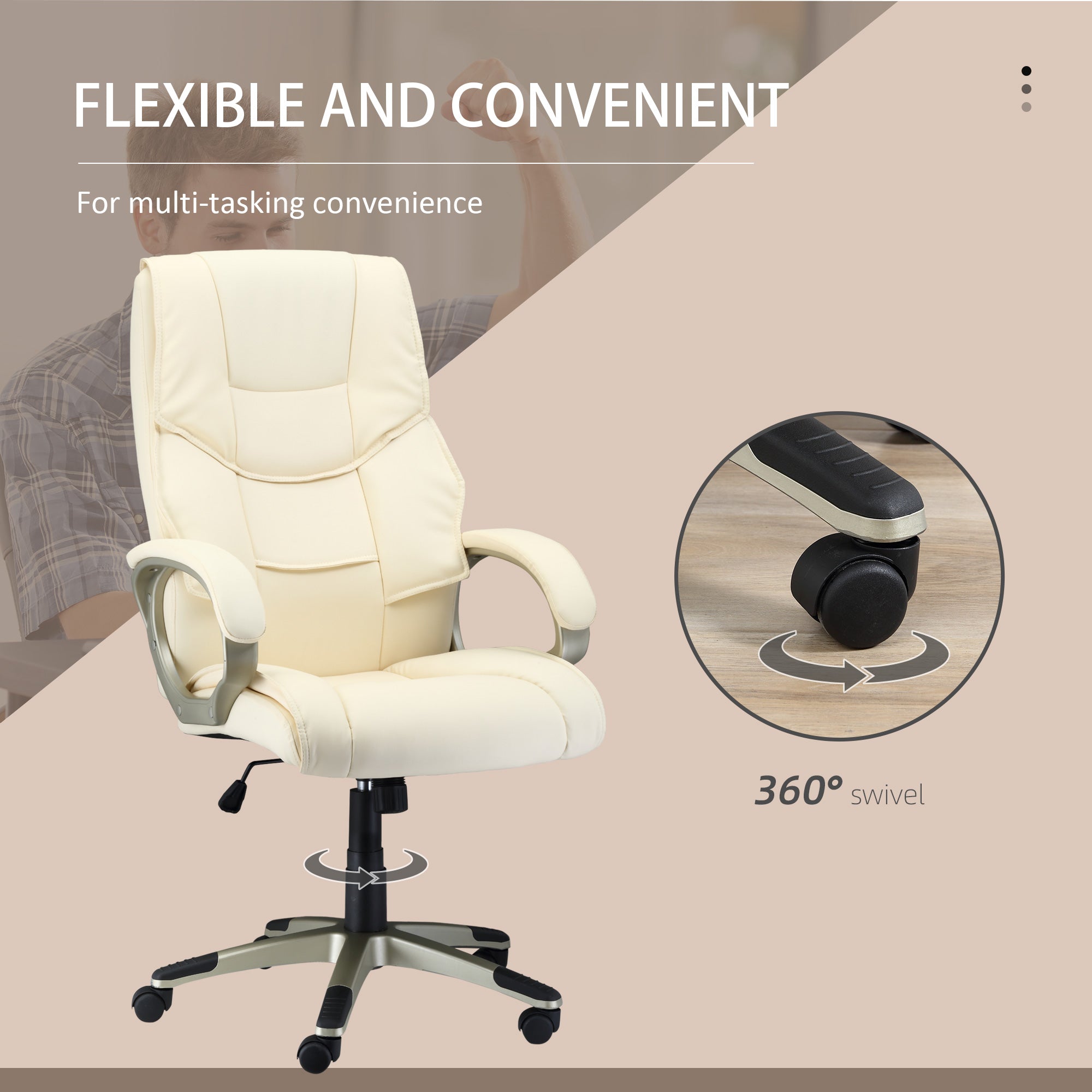 HOMCOM Office Chair, Computer Desk Chair, Faux Leather Swivel Chair with Adjustable Height, Padded Seat and Rolling Wheels for Home Study and Work, Cream White