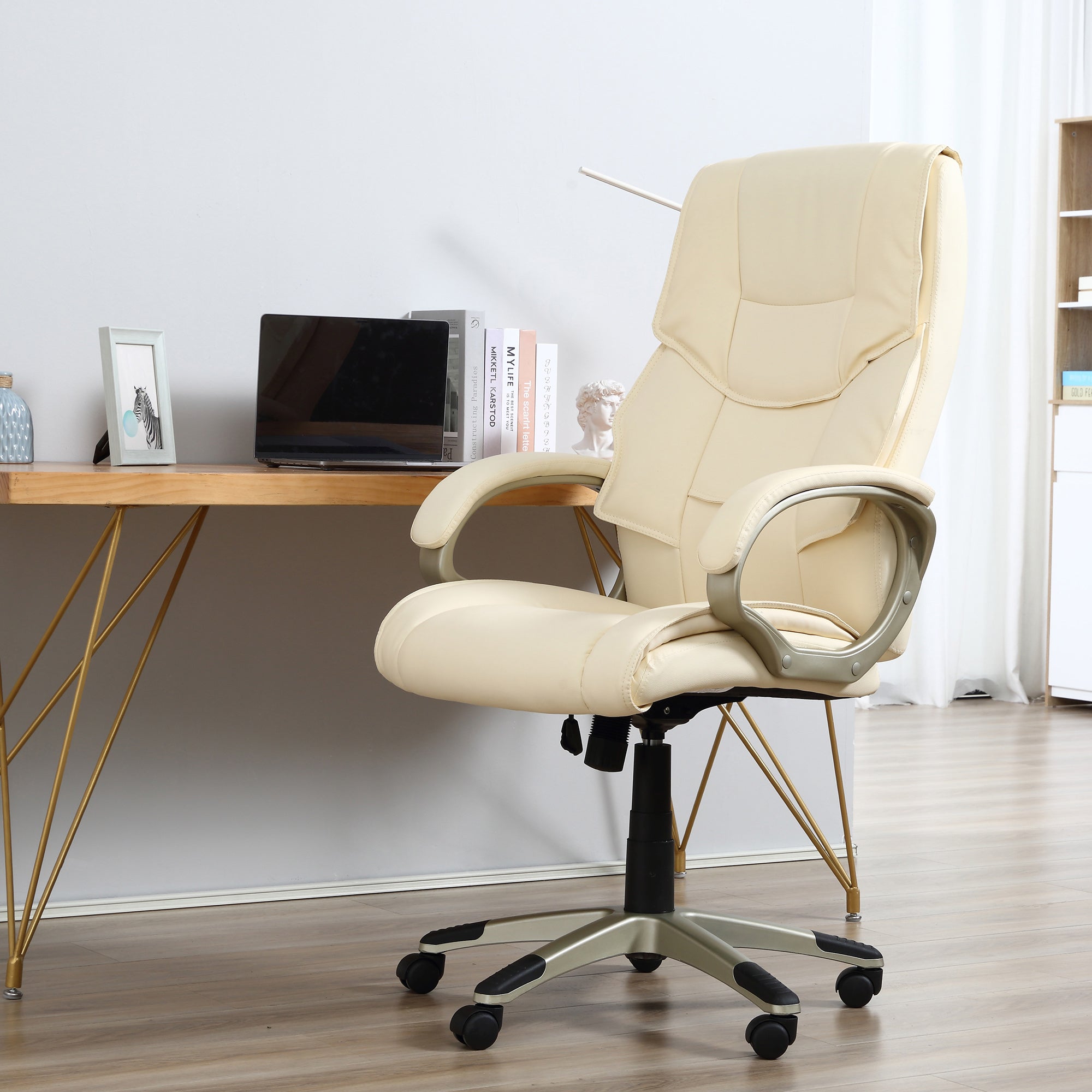HOMCOM Office Chair, Computer Desk Chair, Faux Leather Swivel Chair with Adjustable Height, Padded Seat and Rolling Wheels for Home Study and Work, Cream White