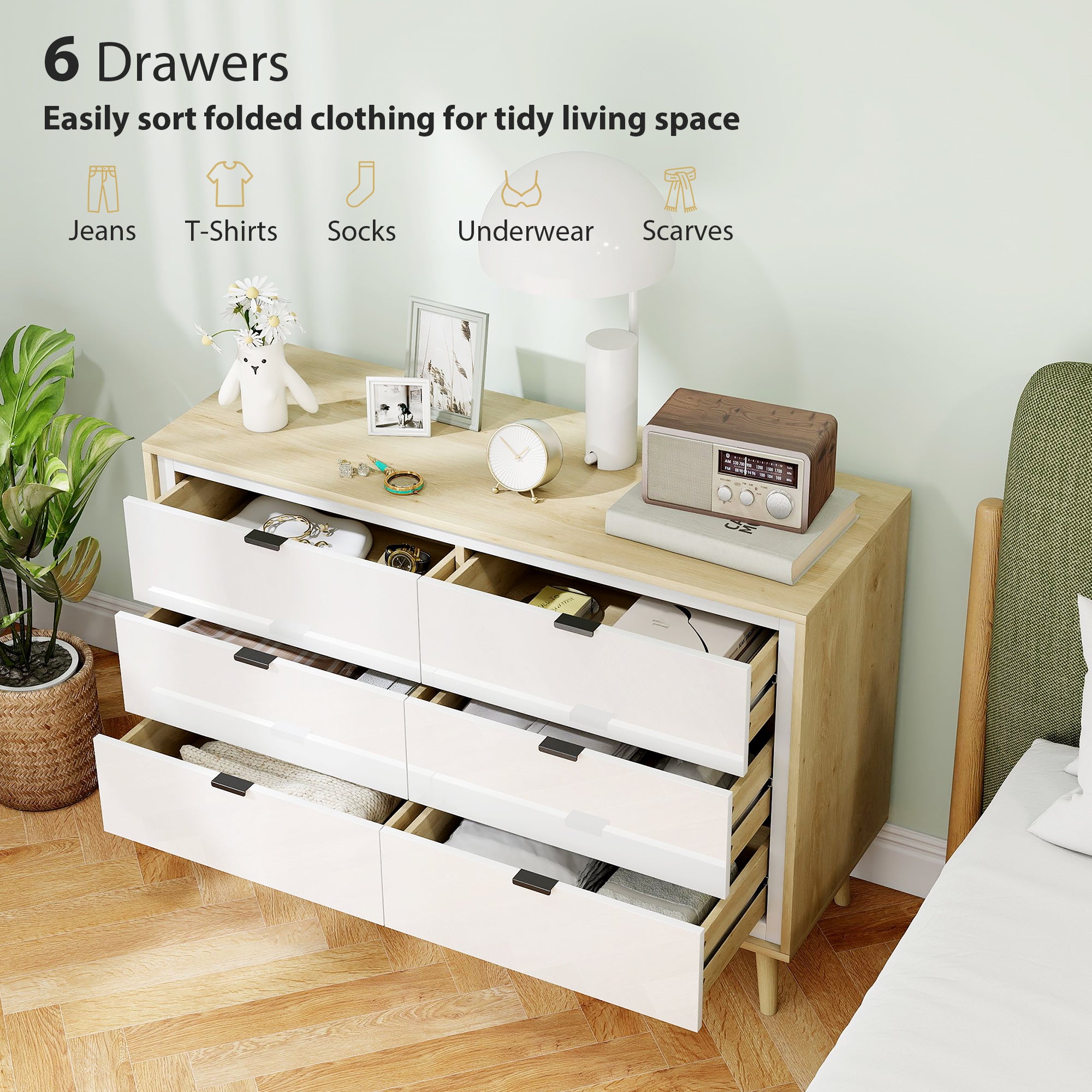 Chest of Drawers, 6 Drawer Dresser, Storage Cabinet with 6 Drawers and 5 Legs for Bedroom, Living Room, High Gloss White