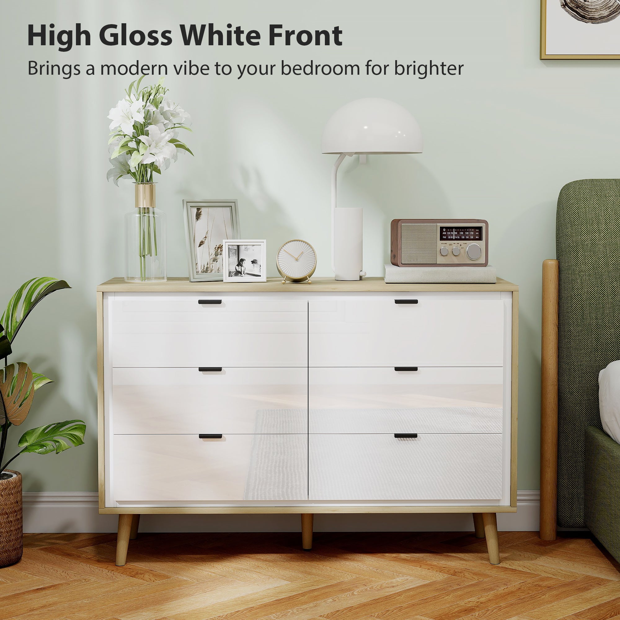 Chest of Drawers, 6 Drawer Dresser, Storage Cabinet with 6 Drawers and 5 Legs for Bedroom, Living Room, High Gloss White