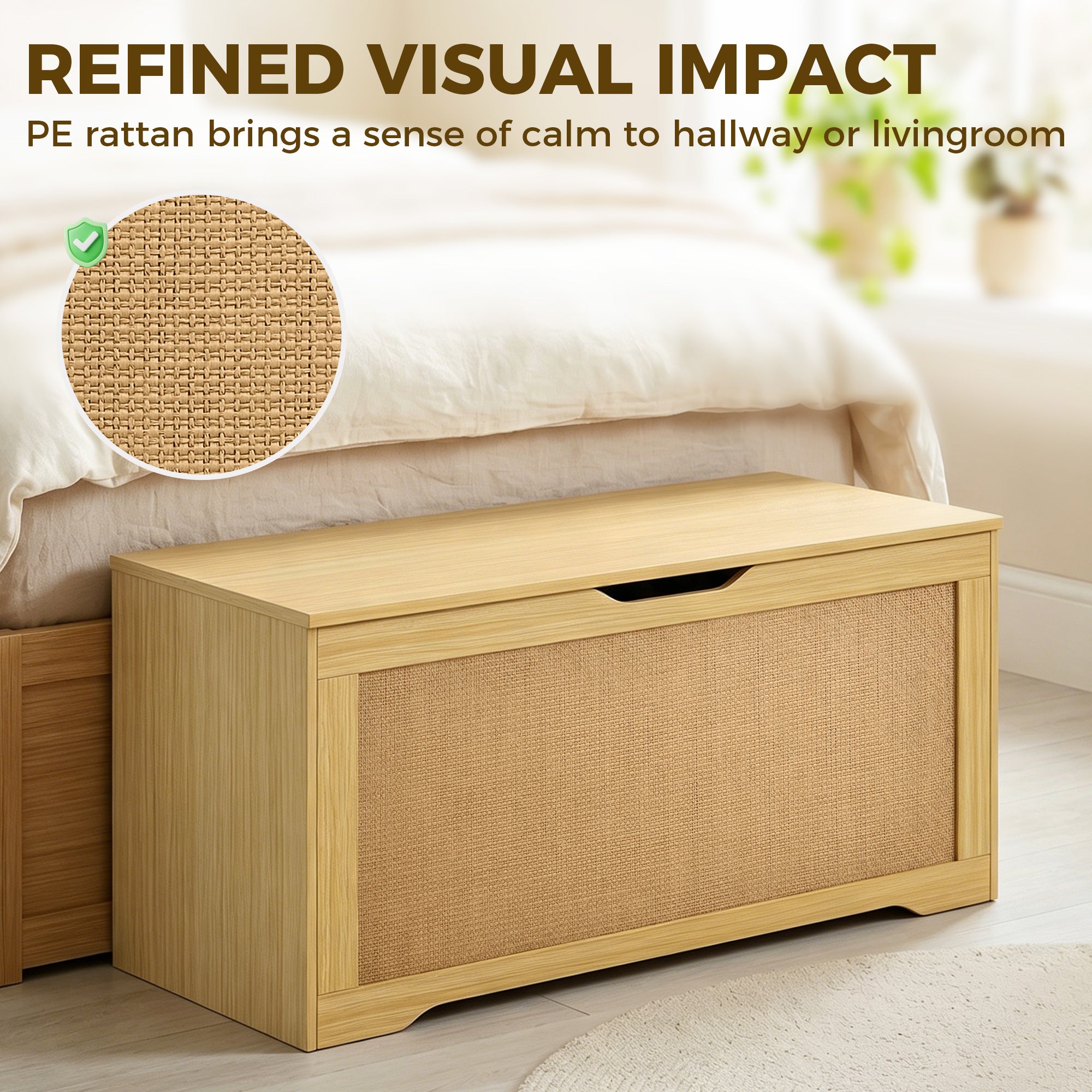 Rattan Storage Chest, Lift Top Storage Trunk with Safety Hinges and Handle-Free Design, Storage Bench for Living Room, Shoe Bench for Entryway, 39.4" x 15.7" x 17.7", Oak