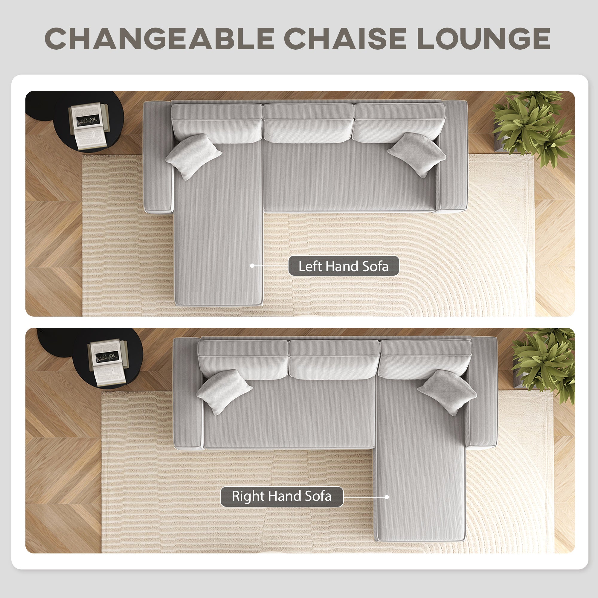 95" Sectional Sofa with Reversible Chaise Lounge, L-Shaped Corner Sofa with Corduroy Fabric, Pocket Spring, 2 Pillows, Wide Arm, Thick Padded, 3 Seat Couch for Living Room, Light Gray