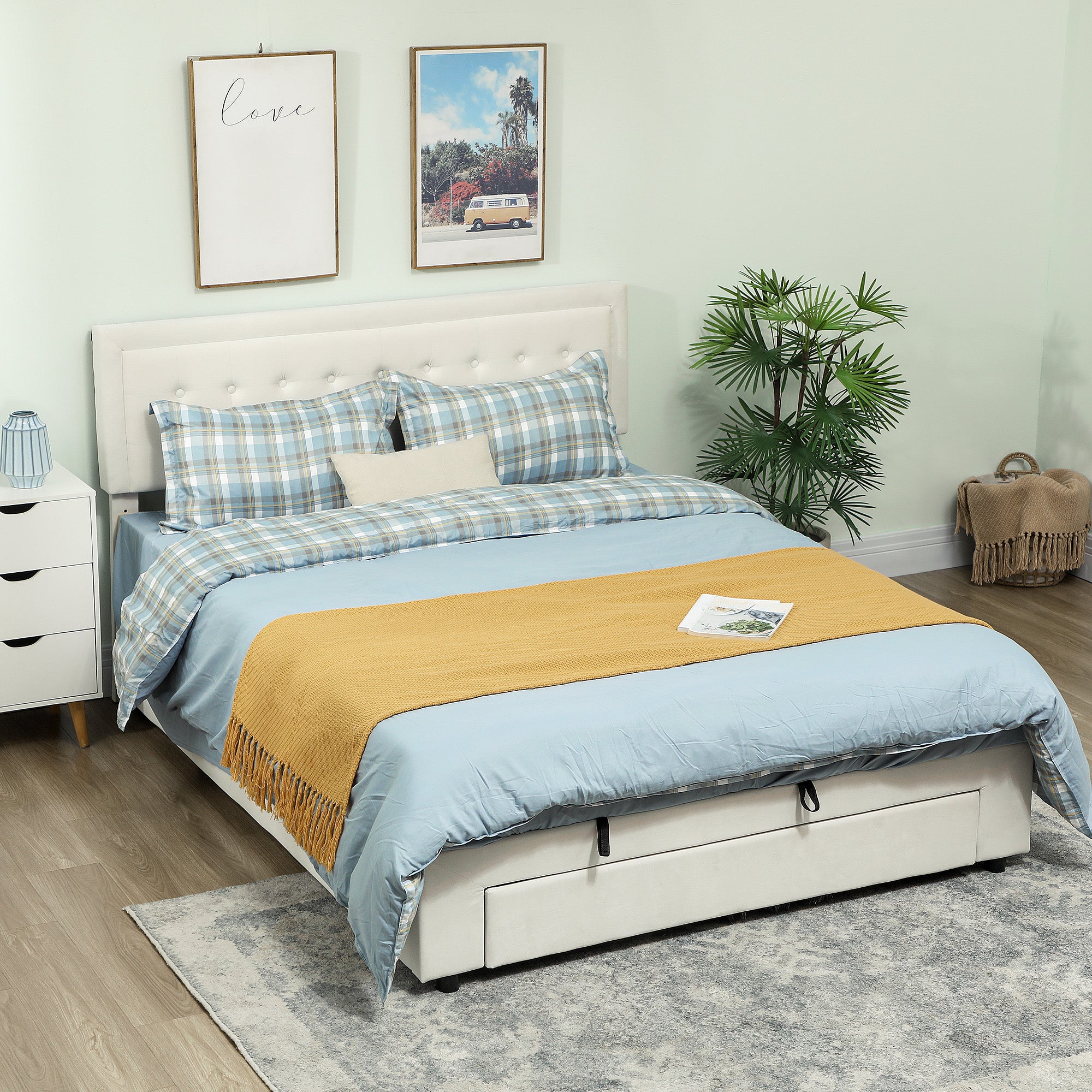 King Size Ottoman Bed Frame, 5ft Gas Lift Storage Bed with 2-Level Adjustable Velvet Upholstered Headboard, Wheeled Drawer and Wooden Slats, No Mattress, Cream White