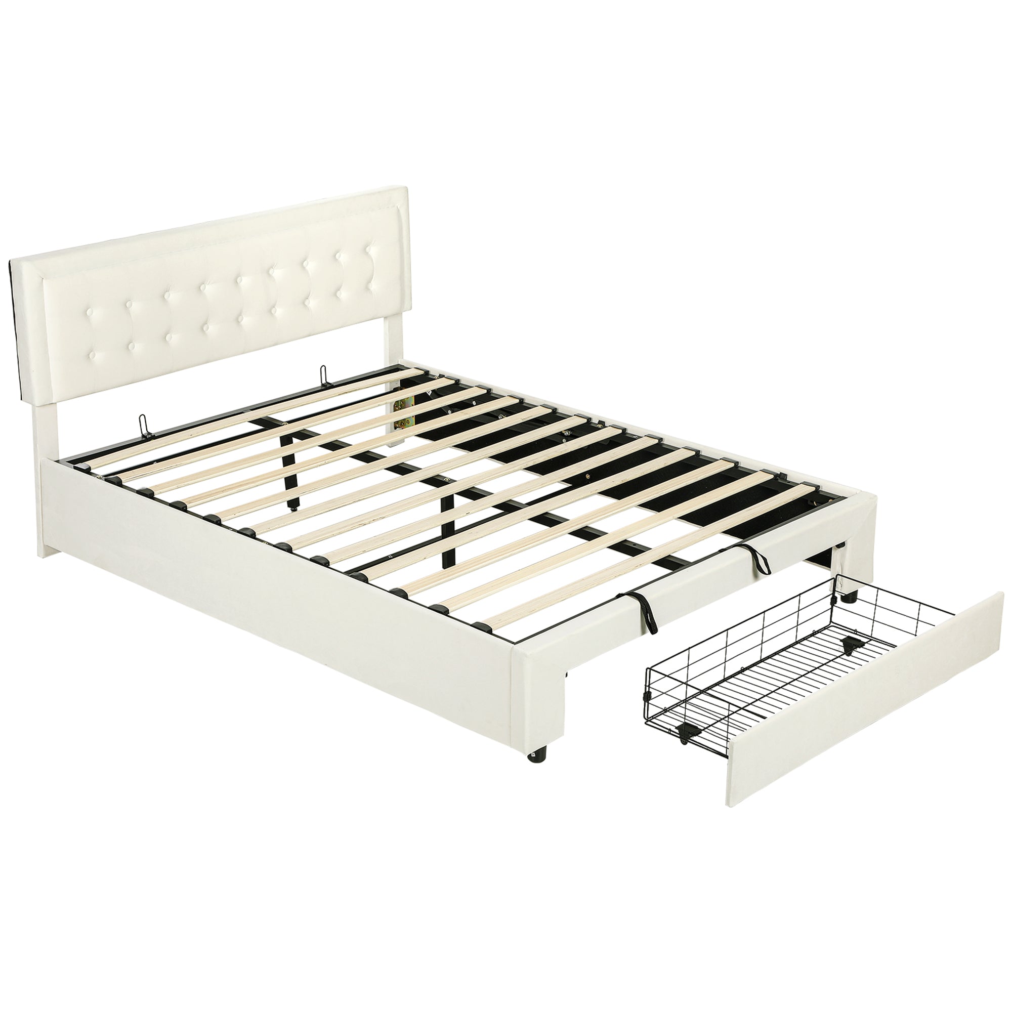 King Size Ottoman Bed Frame, 5ft Gas Lift Storage Bed with 2-Level Adjustable Velvet Upholstered Headboard, Wheeled Drawer and Wooden Slats, No Mattress, Cream White
