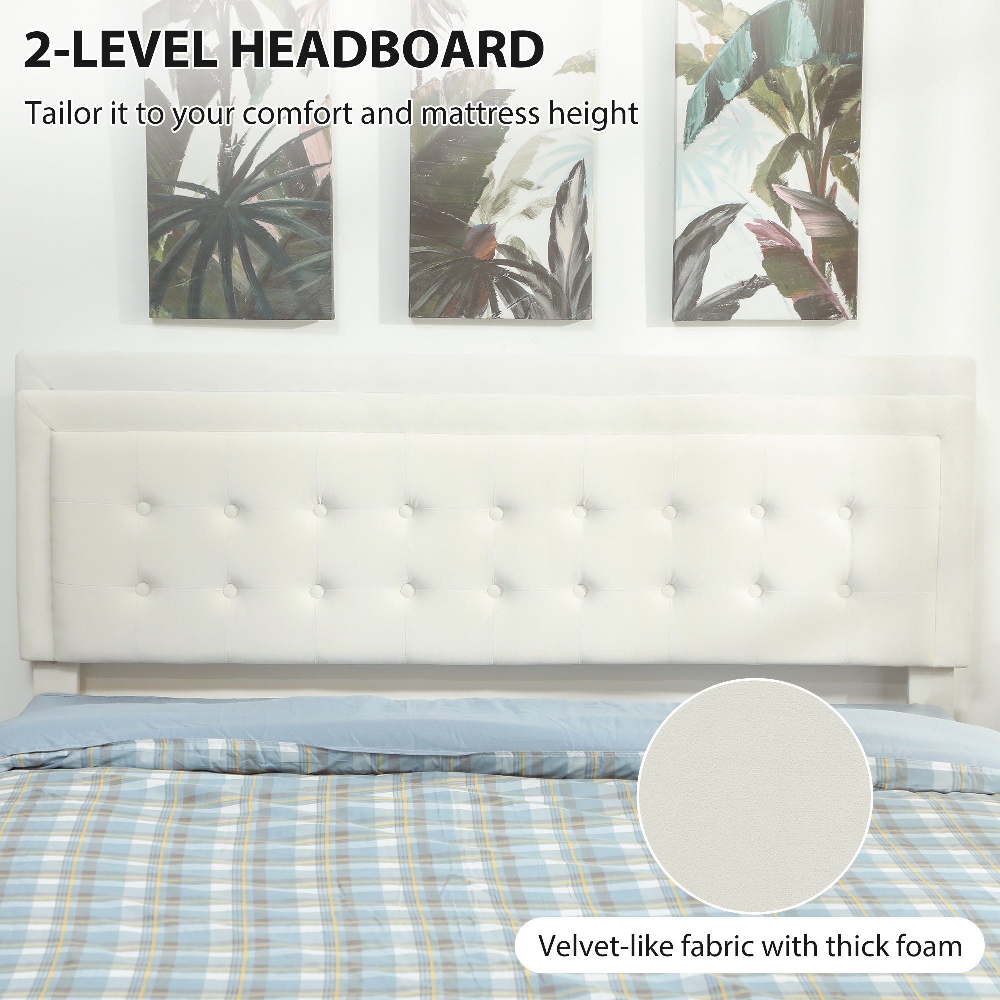 King Size Ottoman Bed Frame, 5ft Gas Lift Storage Bed with 2-Level Adjustable Velvet Upholstered Headboard, Wheeled Drawer and Wooden Slats, No Mattress, Cream White