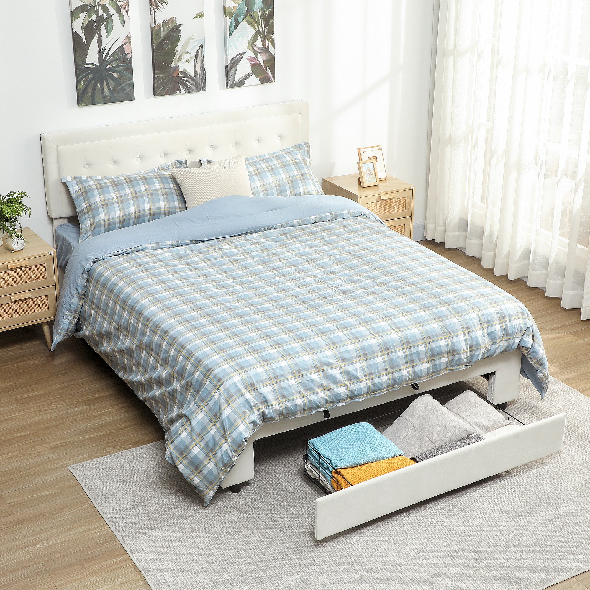 King Size Ottoman Bed Frame, 5ft Gas Lift Storage Bed with 2-Level Adjustable Velvet Upholstered Headboard, Wheeled Drawer and Wooden Slats, No Mattress, Cream White