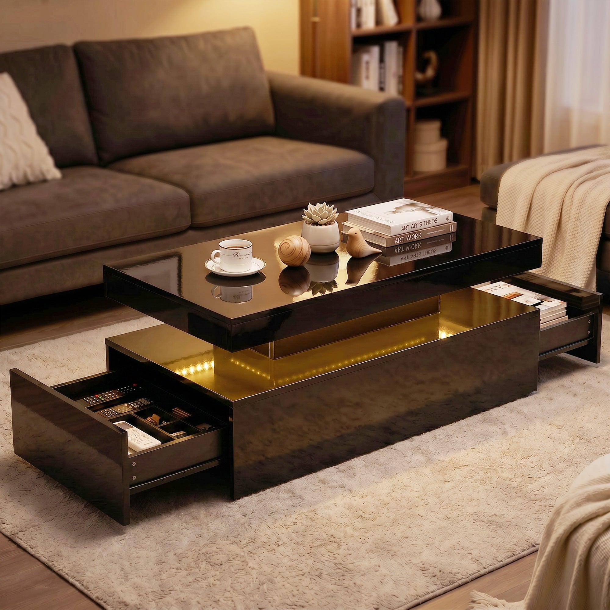 LED Coffee Table with Storage, 2-Tier Modern Rectangular Center Table with 2 Drawers and Open Compartment for Living Room, High Gloss Black