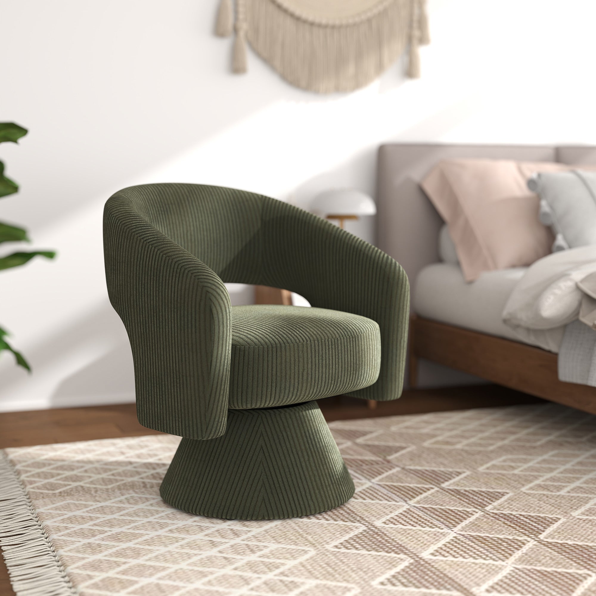 360° Swivel Accent Chair, Corduroy Upholstered Barrel Chair, Modern Armchair with Thick Padding for Living Room, Bedroom, Reading Room, Green