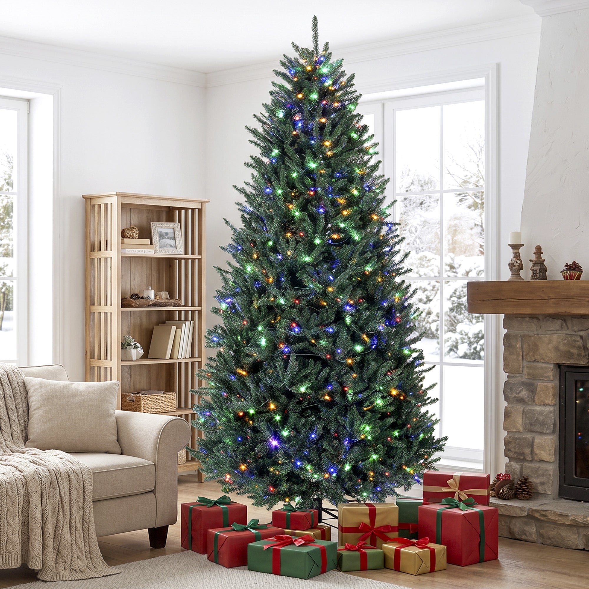 9ft Prelit Christmas Tree, Wide Colorado Blue Spruce, Easy Plug, Artificial Hinged Xmas Tree with 880 Warm White & Multi-Color LED Lights, 3409 Tips, Foldable Metal Stand for Holiday, Green